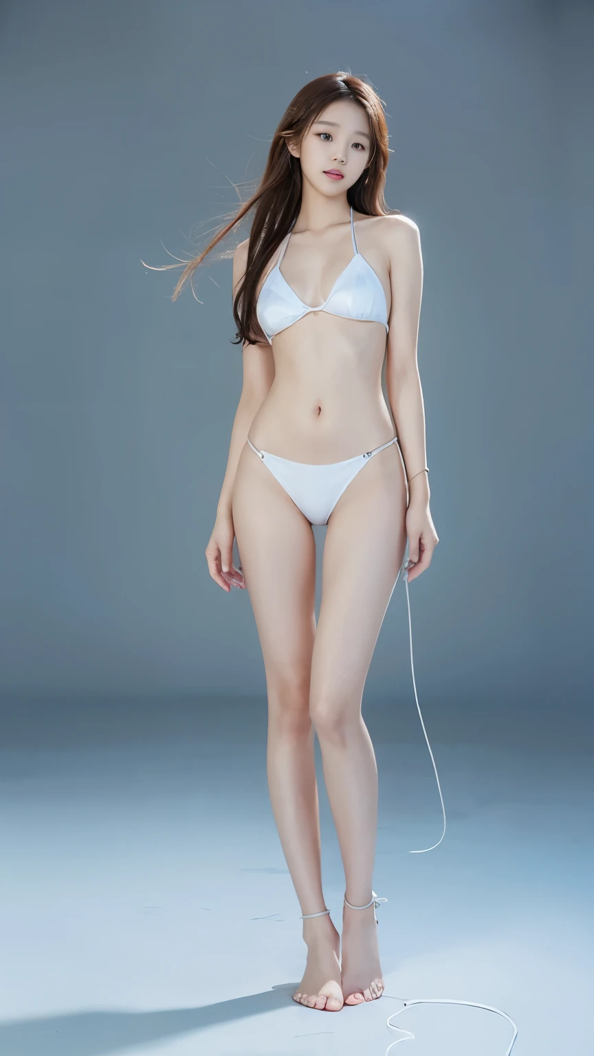 Top Quality, Masterpiece, 8K, Ultra High Definition, (Photorealistic: 1.4), 1 Girl, Beautiful Face, Symmetrical Eyes, Big, Perfect Body Proportions, Viewer's Look, (Inside the Airport: 1.2), Front View, Absolute Area (1.3), ((string bikini)), full body view