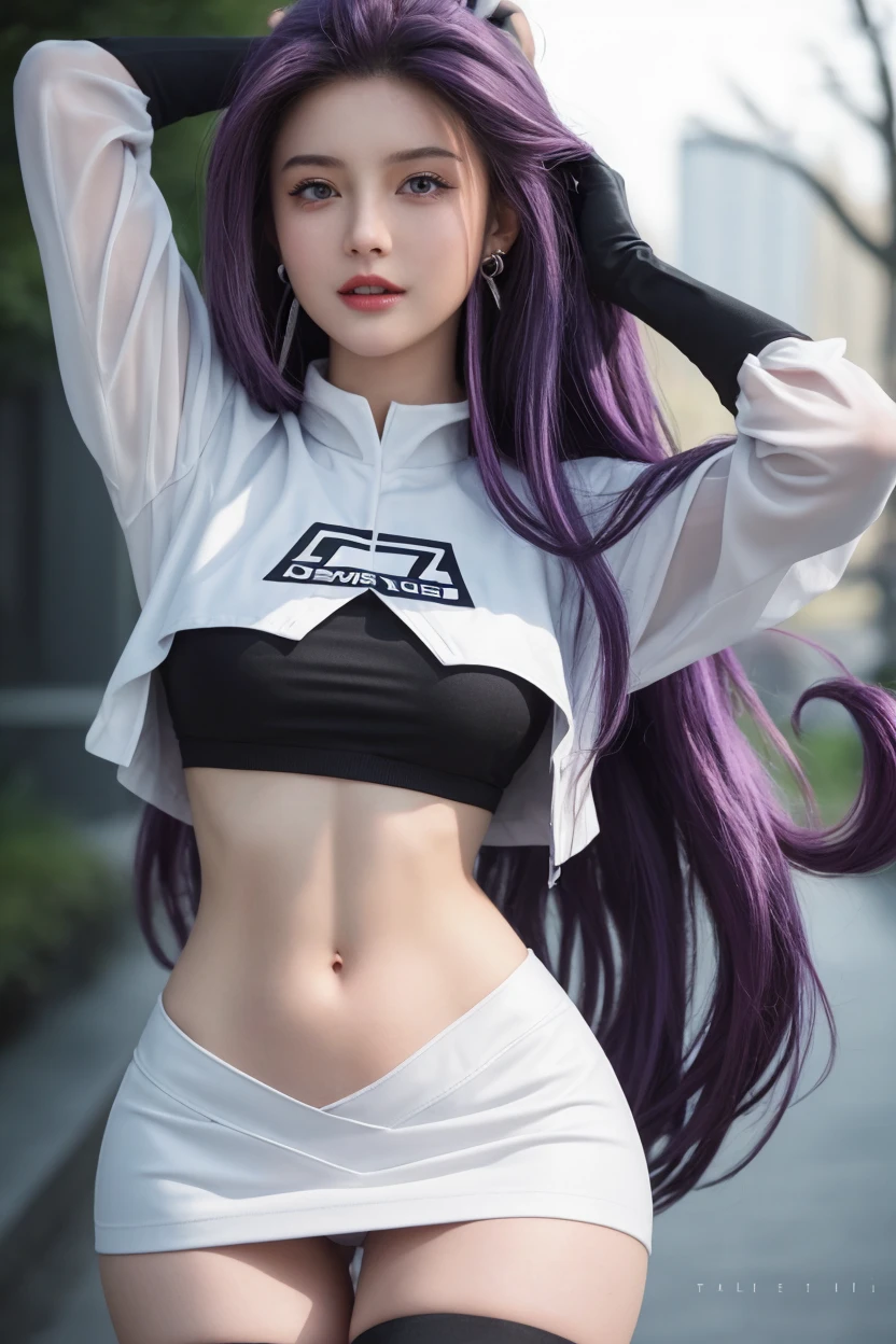 (Finest quality)),(A high resolution),(ultra-detailed art),(Meticulous portrayal),((Best Anime)),(Finest works of art),sharpness,Clear,Ultra-Precision Art,The art of astounding depiction,(masterpiece),
earings,
short Hair, purple hair, vibrant purple hair, extremely detailed hair, detailed bangs, with bangs, shoulder-length hair only,
pretty face, beautiful lips, soft lips,pretty face, close up face,serious face, pretty nose, beautiful nose,
pretty eyes, beautiful eyes, detailed eyes, perfect eyes, green eyes,
serious face, perfect lips,

clear skin,white skin, soft skin,  small bust, smooth skin,
korean girl, korean beauty, irene, red velvet irene, 

Tifa lockheart costume, tifa lockheart clothing, tifa lockheart clothes, white sports croptop sando, white croptop tanktop, black skirt, black detailed skirt, black arm sleeves, black thigh-high socks, black gloves,

standing, cool pose, full body, whole body,show navel,
super low-angle shot, looking down, no background,looking at camera,
