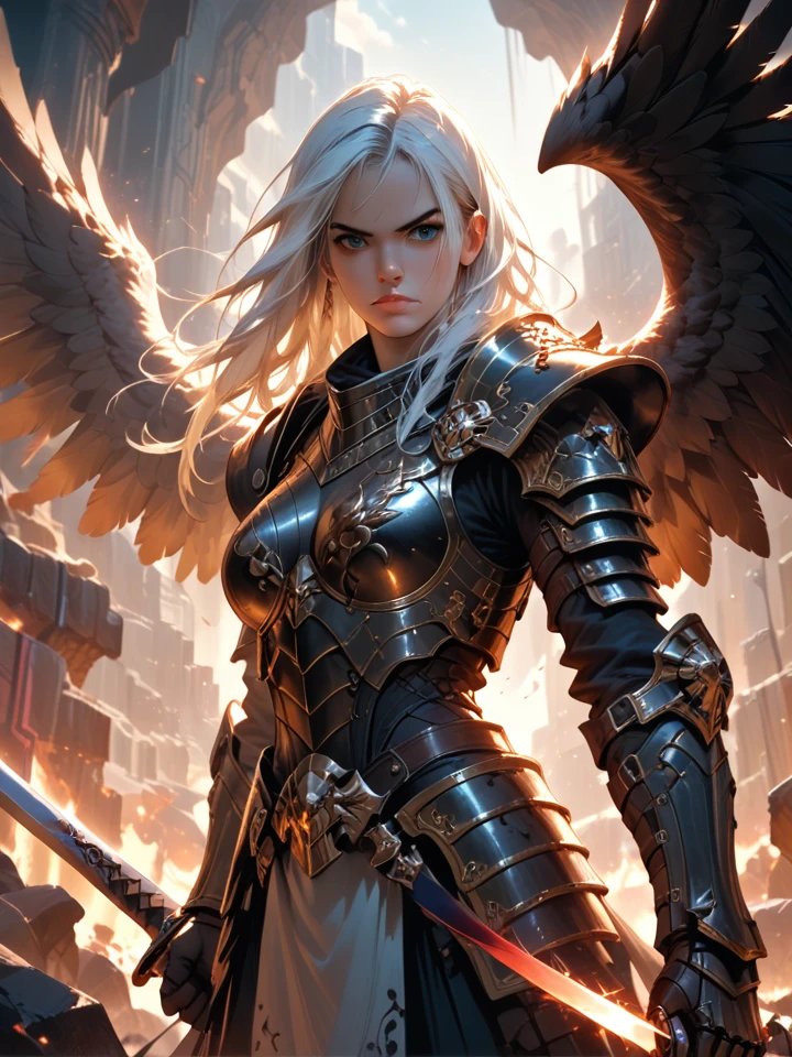 score_9,score_8_up,score_7_up,score_7,score_6_up,
highest detailed,realistic,
1girl, armor, weapon, sword, solo, wings, blue eyes, fire, shoulder armor, long hair, embers, white hair, looking at viewer, holding, breastplate, pauldrons, gauntlets, holding sword, holding weapon, standing, molten rock, closed mouth, serious, lips