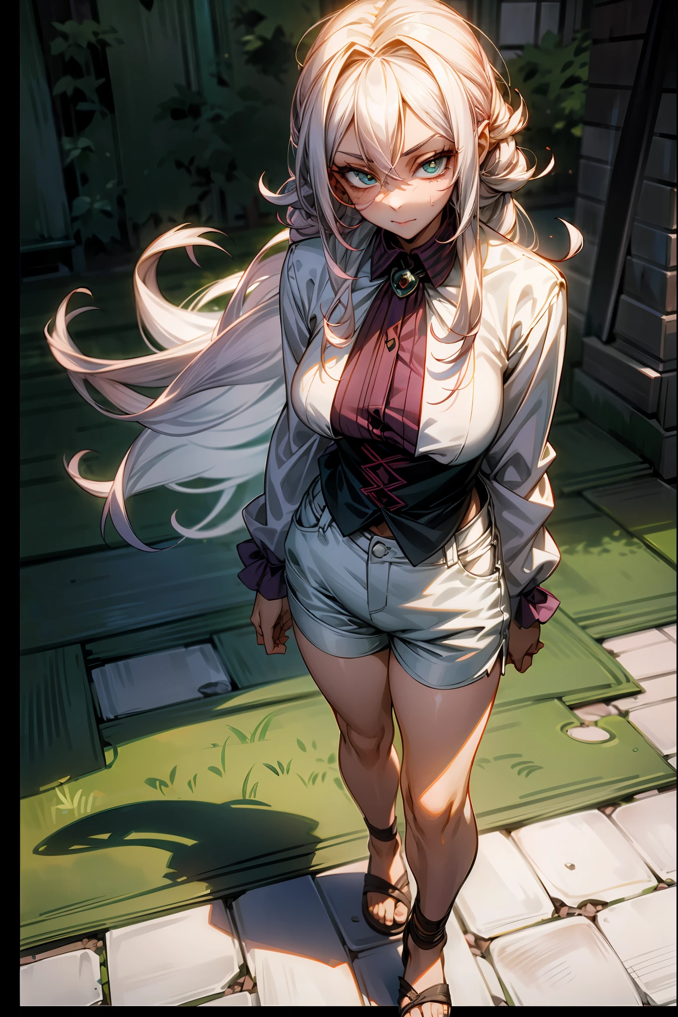 1Female, Pinkish White Hair, Long Hair with Curls, Jade Green Eyes, Mischievous Expression, Haunted House Background, Perfect Generation, Standing On Path, Young Adult, Modern Clothes, Blouse Shirt, White Shorts, Sandals, Scar on Face