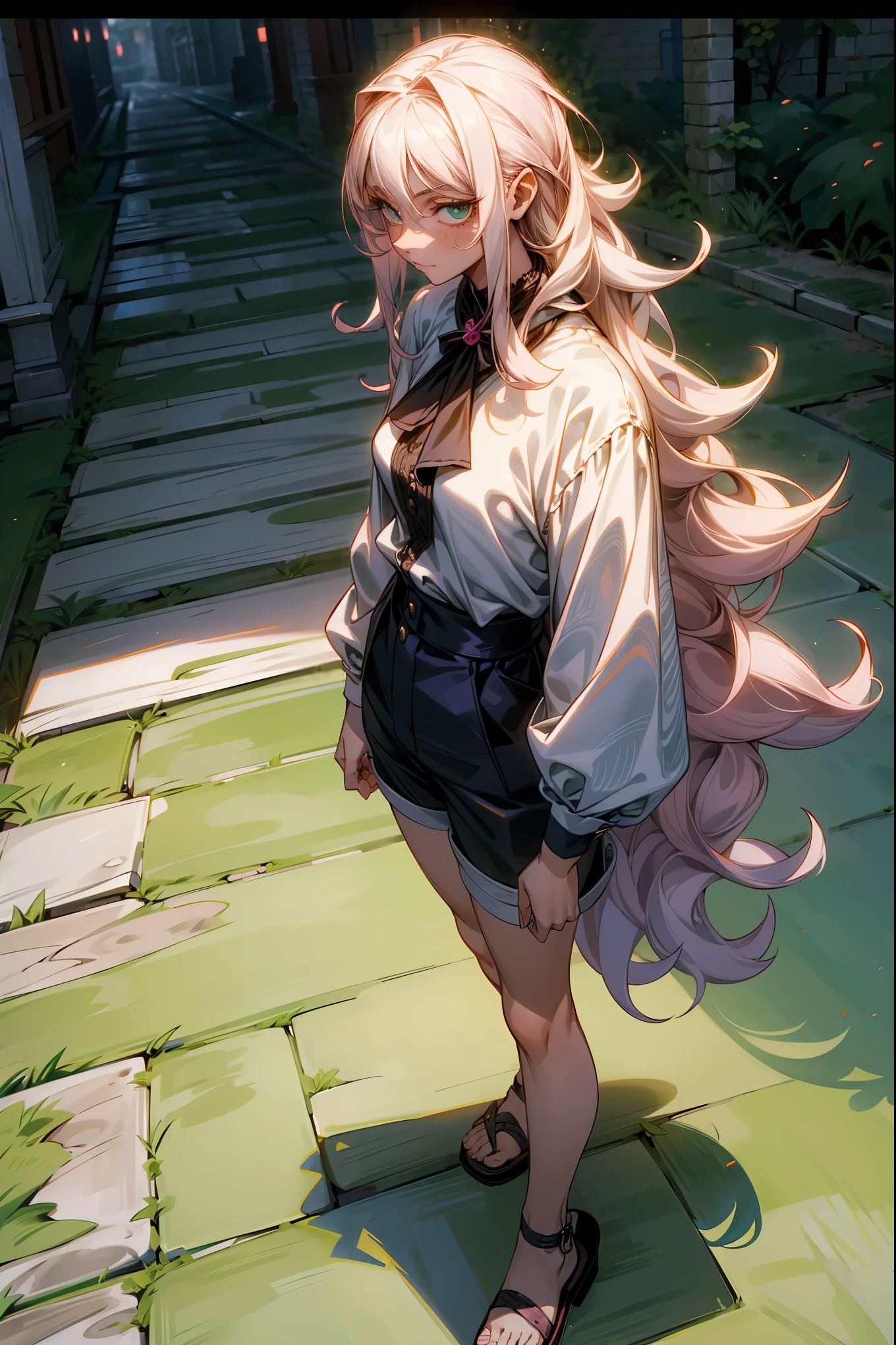 1Female, Pinkish White Hair, Long Hair with Curls, Jade Green Eyes, Mischievous Expression, Haunted House Background, Perfect Generation, Standing On Path, Young Adult, Modern Clothes, Blouse Shirt, White Shorts, Sandals, Scar on Face