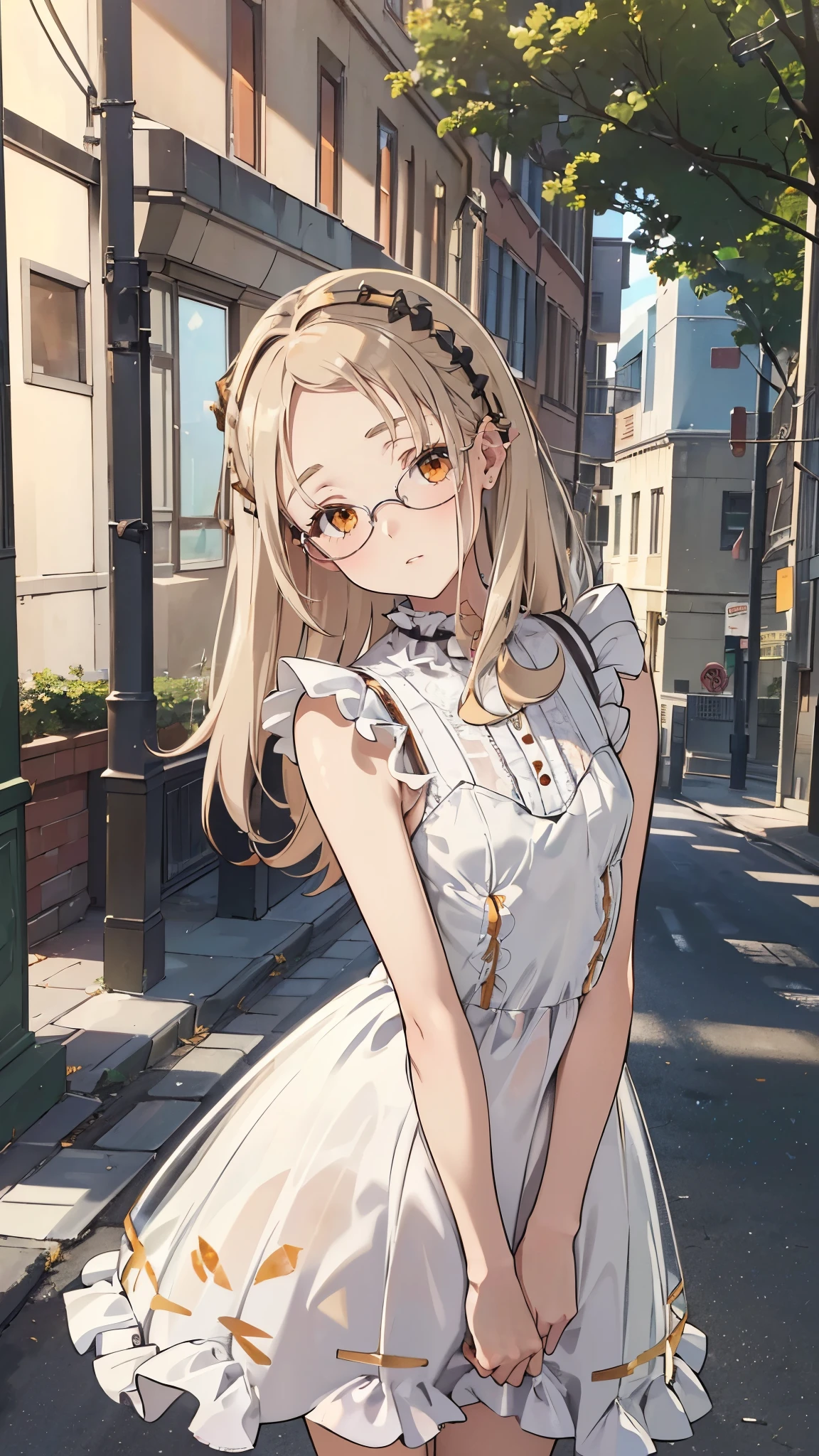 masterpiece, ultra detailed, 8k portrait, RAW photo, portrait photography, Highly detailed face, beautiful and meticulous eyes, (amber color eyes:1.5), (Glasses:1.2), (blush:1.5), (tilt one's head:1.5), (leaning forward:1.5), (standing on street:1.5), outdoor, (transparent frilled dress:1.7), cute girl, (platinum blond hair:1.5), (platinum blond colored eyelash:1.5), (medium hair:1.0), (parted bangs:1.5), (hairpin1.5), (sleepy face:1.0), young girl, 1girl, beauty girl, pretty girl, 159cm, 41kg, (skinny:1.5),