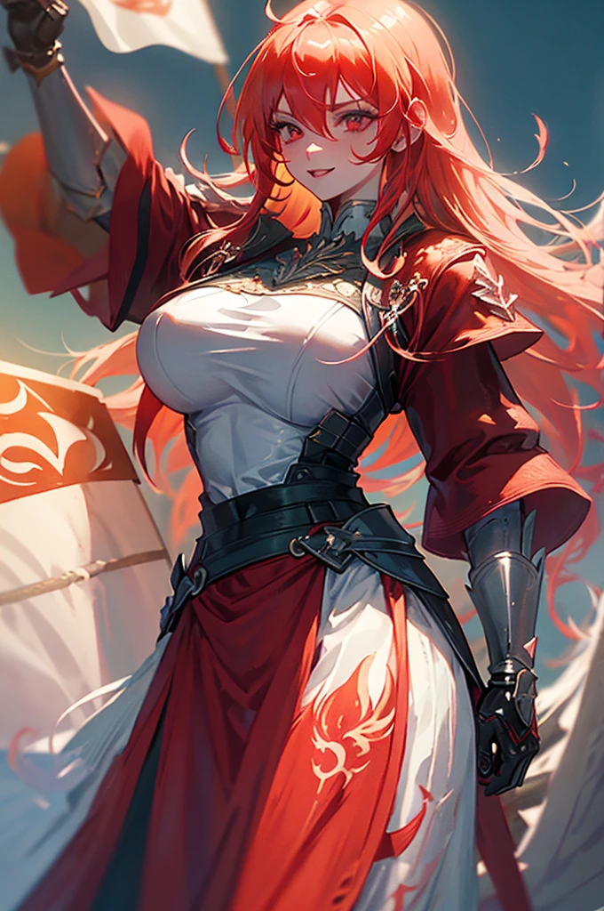 masterpiece, best quality , 8k, sharp, focus, less noise, red haired queen, long hair, holding a burning banner war flag, blue flame around, wearing a white knight outfit, have big boobs, have a crimson eyes, standing pose, waving flag, evil smile expression, army silhouette