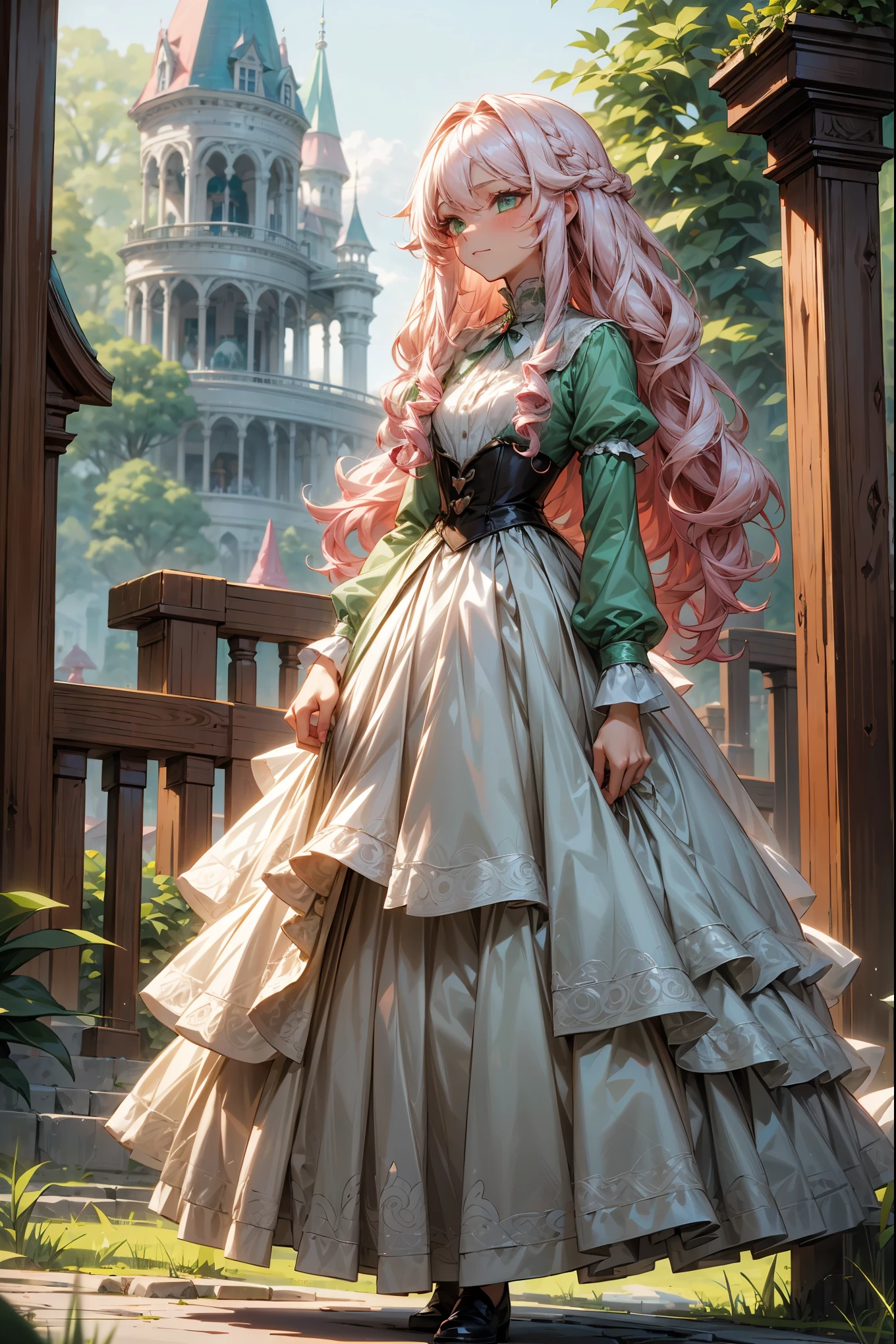 1Female, Pinkish White Hair, Long Flowy Hair with Curls, Jade Green Eyes, White Dress, Mischievous Expression, Haunted House Background, Perfect Generation, Standing On Path, Young Adult, White Victorian Dress