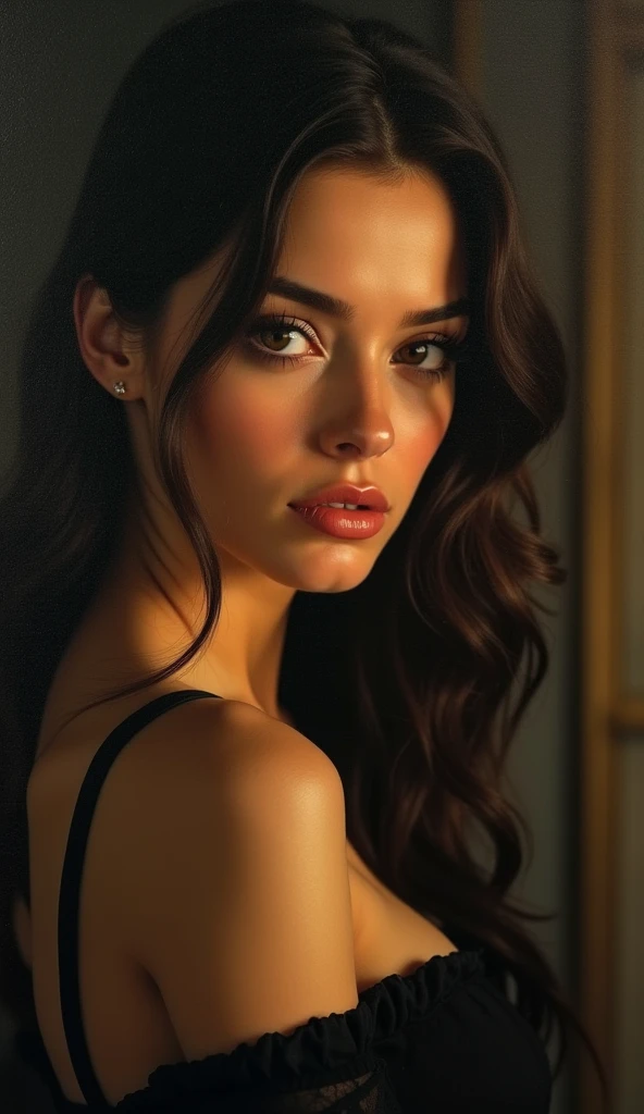 (masterpiece, best quality:1.2), 1girl, solo, sexy, beautiful detailed eyes, beautiful detailed lips, extremely detailed face, long eyelashes, elegant pose, mysterious expression, oil painting, chiaroscuro lighting, dramatic shadows, warm color palette, cinematic composition, photorealistic, highly detailed