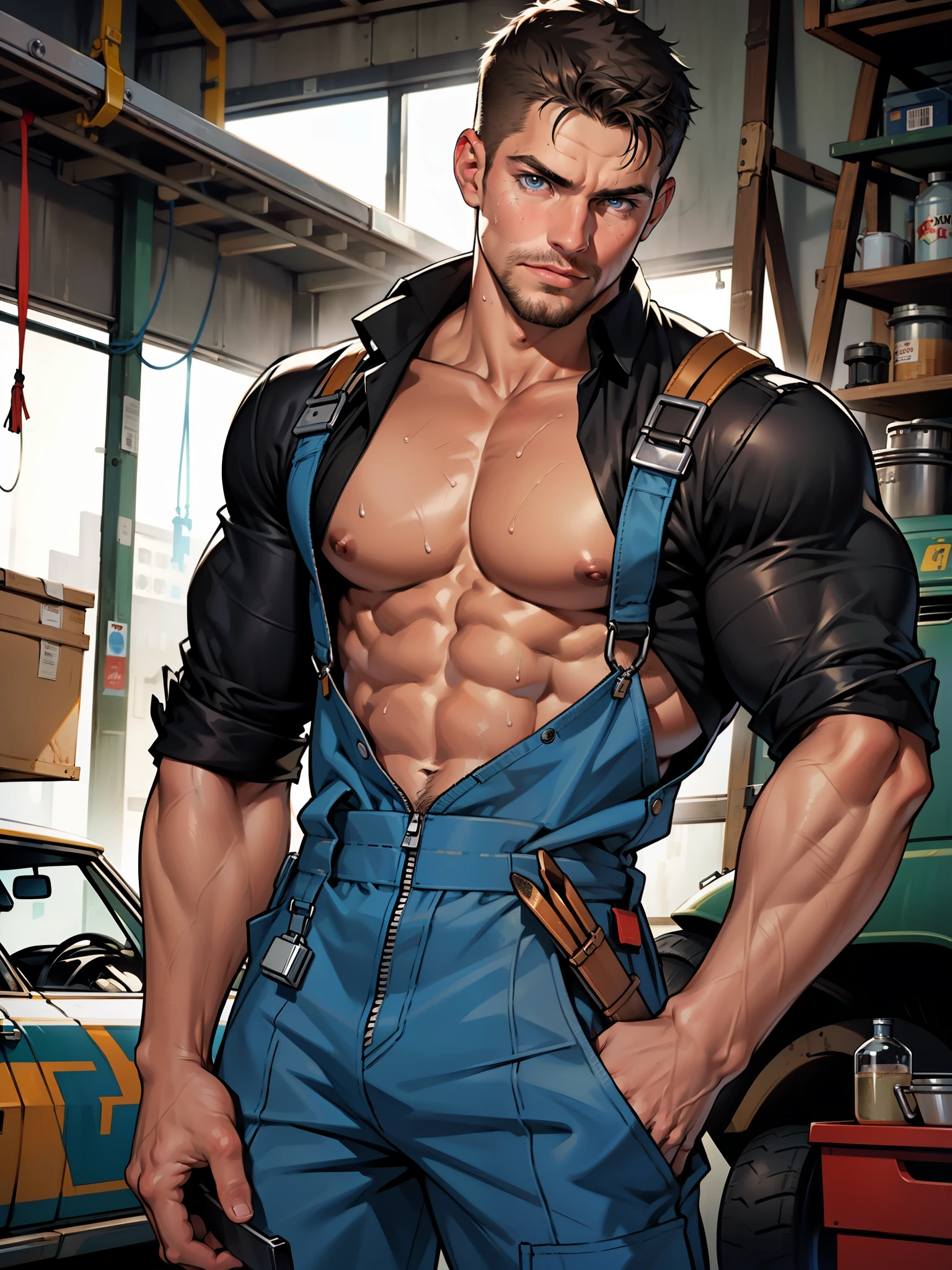 NSFW ,masterpiece , 8k , best quality ,very  very detailed face , natural eyes, 1man, young man, boy, muscled and mature, stephen amell as a mechanic wearing totally unbuttoned overall, showing COCK , his nipples and muscles , mechanic tools , sweating, tight cloth, , full body view , working  on a car