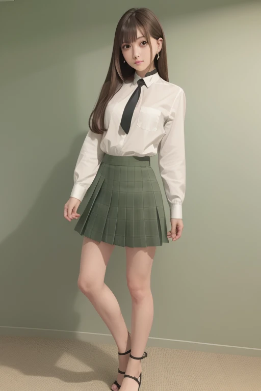 a young girl, big green eyes, round face, small nose, big lips, long purple hair, long eyelashes, pale skin, red cheeks, split chin, Green plaid skirt, long-sleeved white blouse, high socks, school shoes, naughty face, f/16, Canon, from below, Fujicolor, ray tracing, 16k, 8k, highres, best quality, award winning, high quality, high details, super detail, textured skin, anatomically correct, masterpiece, accurate