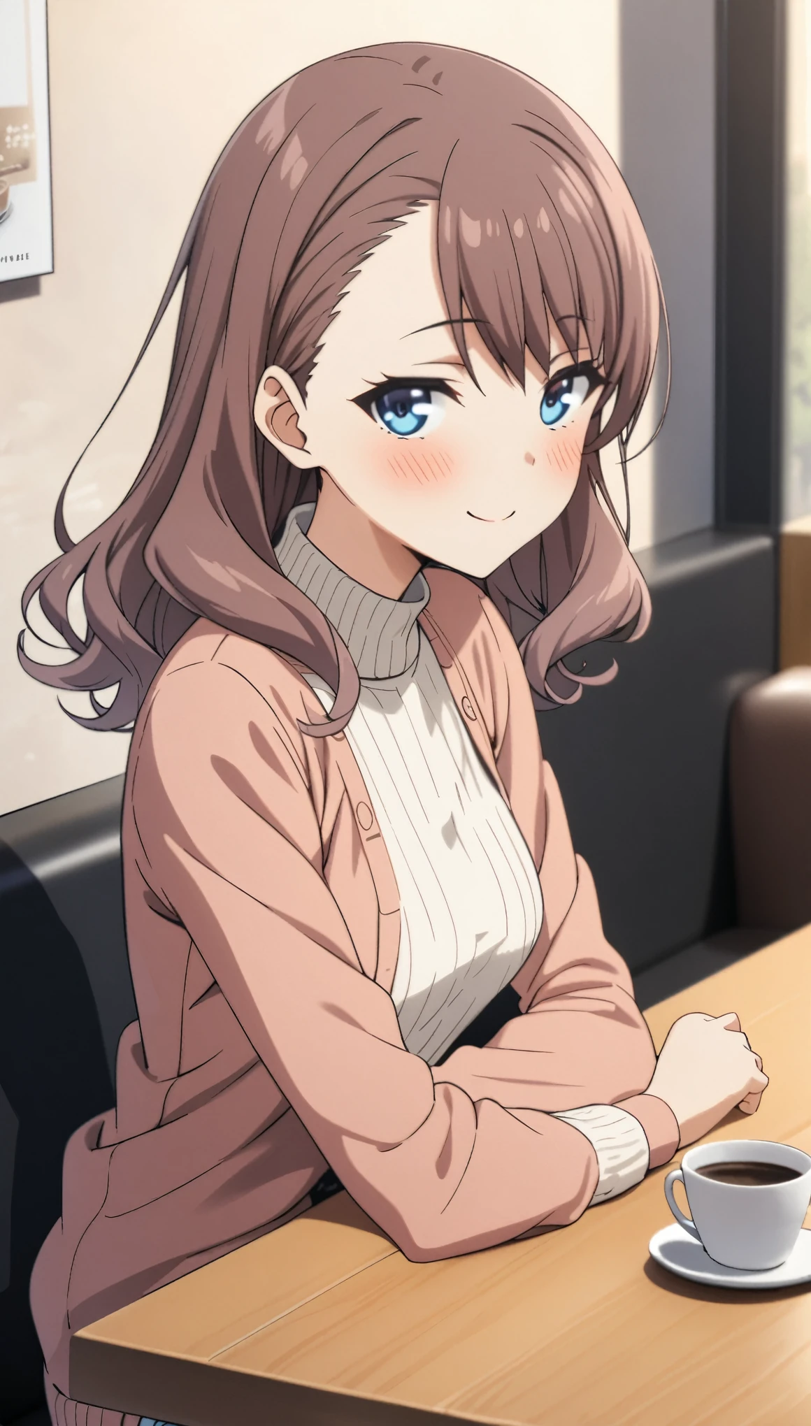 Masterpiece, best quality, satou maya, cafe, table, sitting, upper body, casual cloths, blush, looking at viewer, beautiful blue eyes, smile, sweater, long sleeves, calm, brown hair, wall, front view