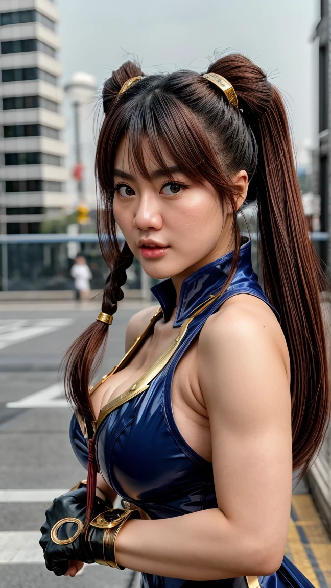 8K , Japanese Idol , Baby Face , Cute , Masterpiece , 18 Yearsold , Blue-Gold ((Chun-Li Uniform Cosplay)) , Lace , Gloves , Ultra Large Bare Breast , Posing , Muscular , Sexy Look , Dramatic Pictures , Gorgeous , Effiel Tower Background , Extremely Detailed , Open Mouth , ((Hair Blowing:1.1)) , Blue-Gold Hair , Twintails , ((Face Focus:1.1)) , Chinese Identic