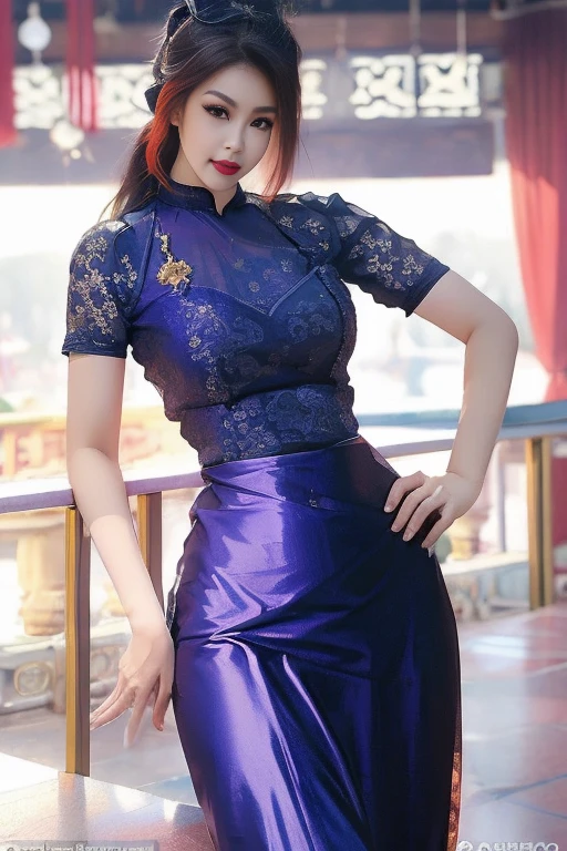 Butt to the camera,A woman of outstanding figure,Wearing a purple cheongsam,Transparent body,fresh flowers,jewely,Amazing work,Vitreous luster