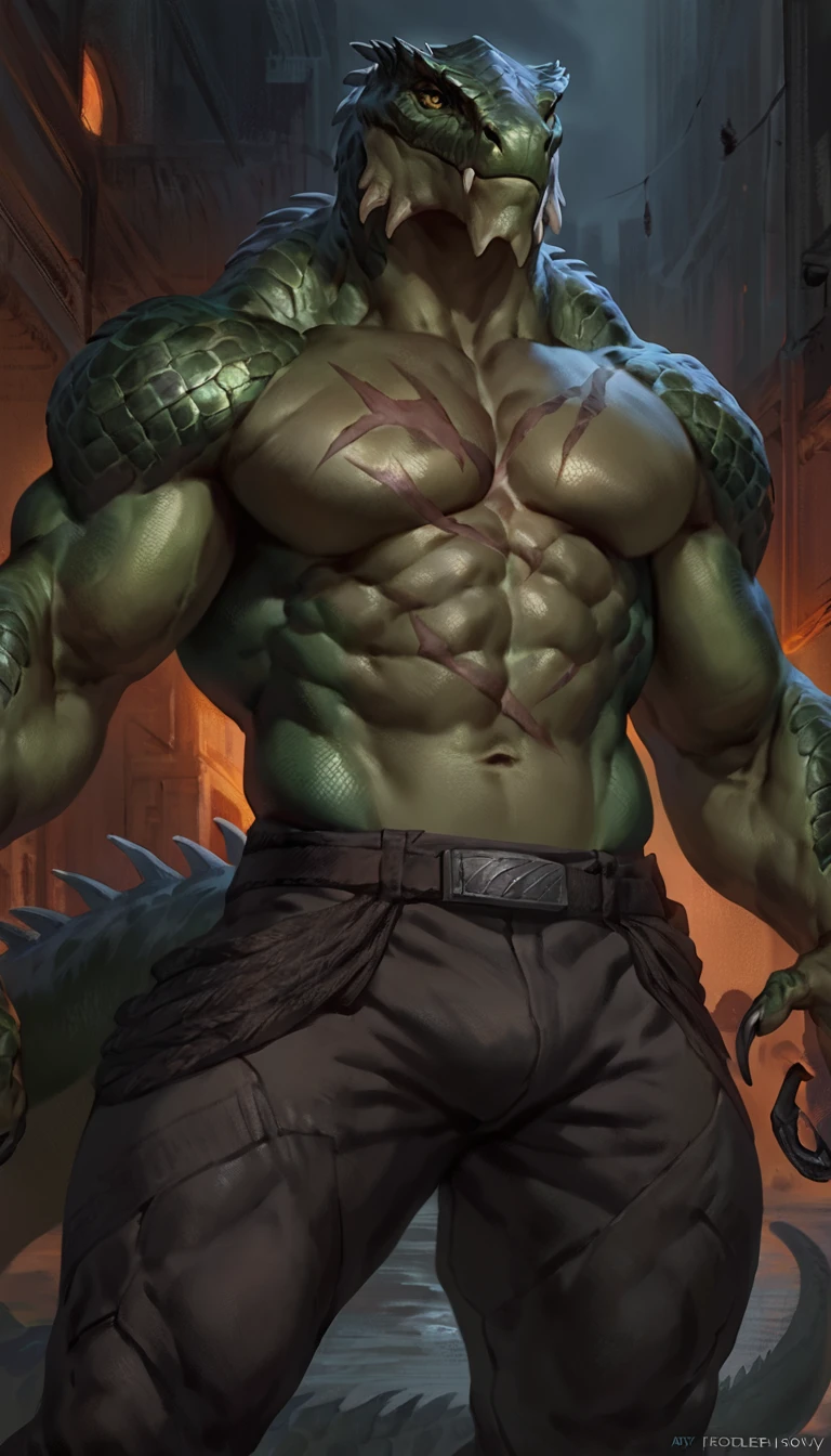 Muscular monster lizardfolk, solo, pants, mercenary, dark green body, body made of steel, strong, armless transparent tight tarpaulin, metallic scales, black belly, scars on body, 1male solo, anthro, muscular, wide back, small waist, thick tail, thick scales on the shoulders, marked jaw, pecs, big pecs, pants, full body, comicbook style, night time,  best quality, 4k, ultra-detailed, by laobai, by taran fiddler, by honovy, by null-ghost, by thebigslick