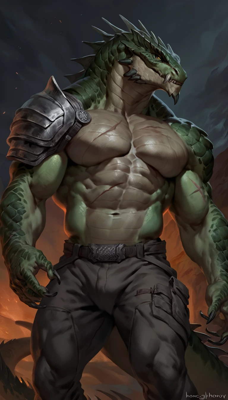 Muscular monster lizardfolk, solo, pants, mercenary, dark green body, body made of steel, strong, armless transparent tight tarpaulin, metallic scales, black belly, scars on body, 1male solo, anthro, muscular, wide back, small waist, thick tail, thick scales on the shoulders, marked jaw, pecs, big pecs, pants, full body, comicbook style, night time,  best quality, 4k, ultra-detailed, by laobai, by taran fiddler, by honovy, by null-ghost, by thebigslick