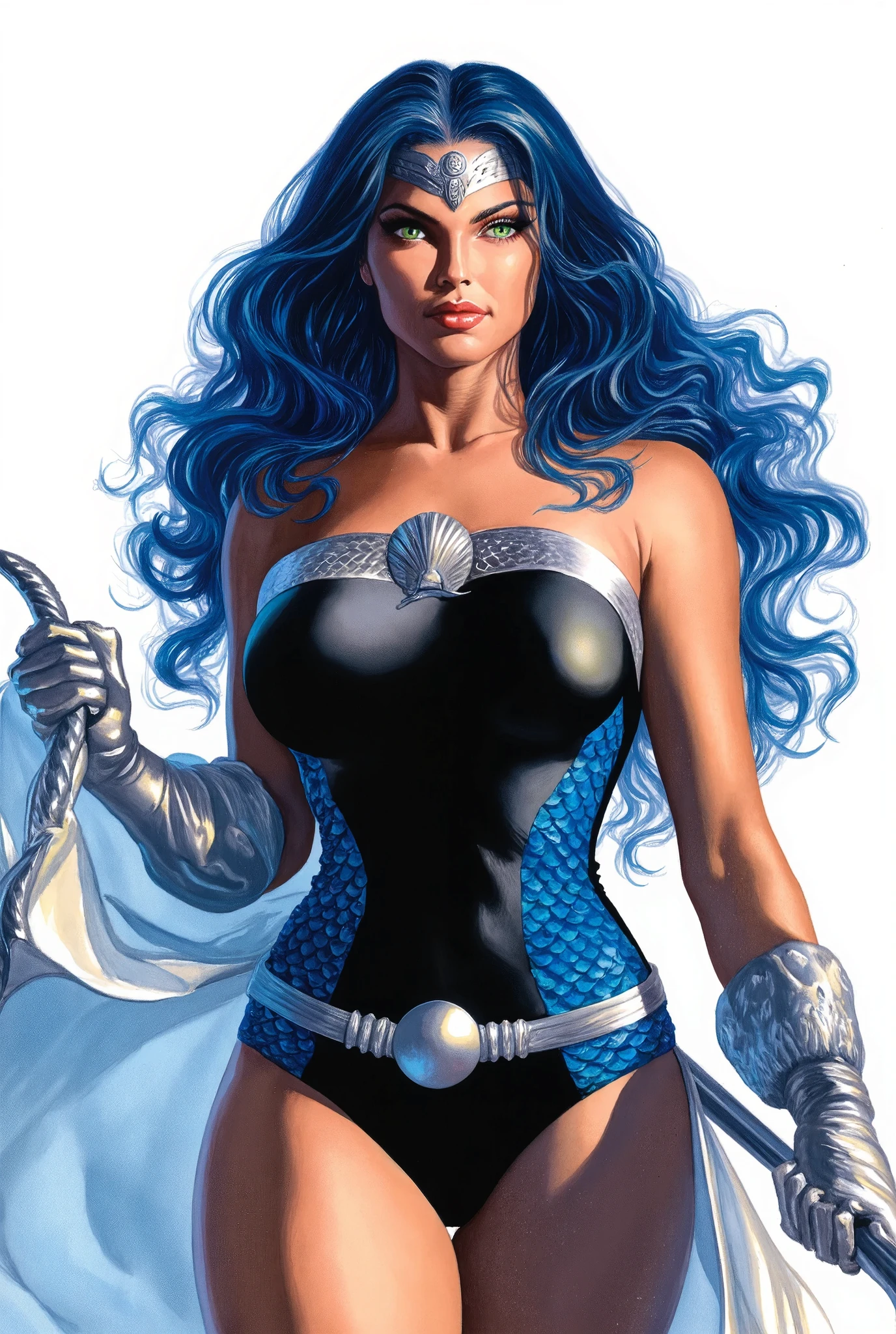 ( Masterpiece, 4k resolution, very detailed) concept art,,  very detailed, character concept, character sheet, comic style, (beautiful female Turkish superhero who is a demigoddess , blue green eyes and navy semi-curly wavy  hair style, () she wears a silver tiara on forehead , ) i she wears a silver tiara on forehead , She wears a skin tight blue and black outfit with a fish scale like texture sleeveless , she has bracelets that are silver, and has black boots with a glowing blue tint. a silver belt with a sea shell in the center,), holding a trident  (sexy body) (busty),  (full body, turnaround , UHD 
