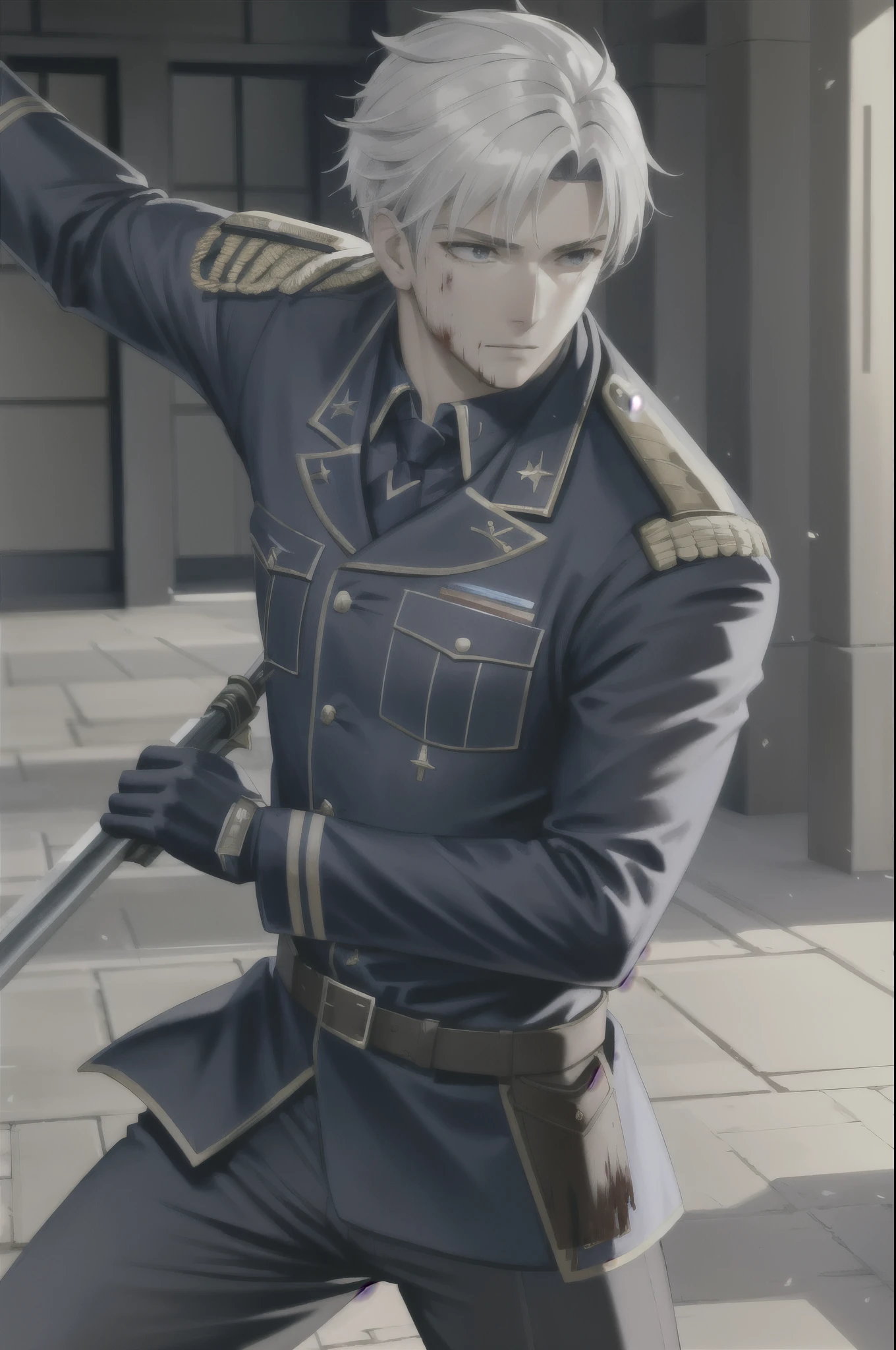 Hector Fay, Ultra high quality cg, The Second Dimension,Anime style,one person(男soldier),Correct proportions,Facial details,soldier,White hair,Neck details,(Active attention),(在黑暗的night:1),(Best quality),(honest:1),Record,Realistic skin texture,Very detailed,8k wallpaper,Volumetric Lighting,Dynamic Lighting,A man,White short hair,military uniform,tie,Long combat boots,Waist protector,Gloves,Antique Chinese style,Attack Stance,Blood,The clothes are torn,Frequent wars,night,drama,Rich image details,carol,Light,The costumes are complicated,Perfect composition,Refinement,high quality,Higher details,Lots of details,Complex background,Sense of atmosphere,Game quality,fencing,Light线追踪,Light线追踪,细腻的Light芒,CG Rendering,Hair details,