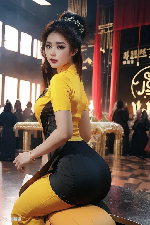 realisticlying, A high resolution, 1 rapariga, yellow 💛 💜 color hair, korean people, eBlue eyes, The transparent cheongsam is flying，Sheer tight-fitting garments，Beads of sweat dripped down the buttocks，Large chest，Wide buttock， your ass，Butt visible，Visible on the back，buttocks visible，Ass pouted，wide wide shot，Cinema lenses，The skin glows，space ship，Show background naturally။။