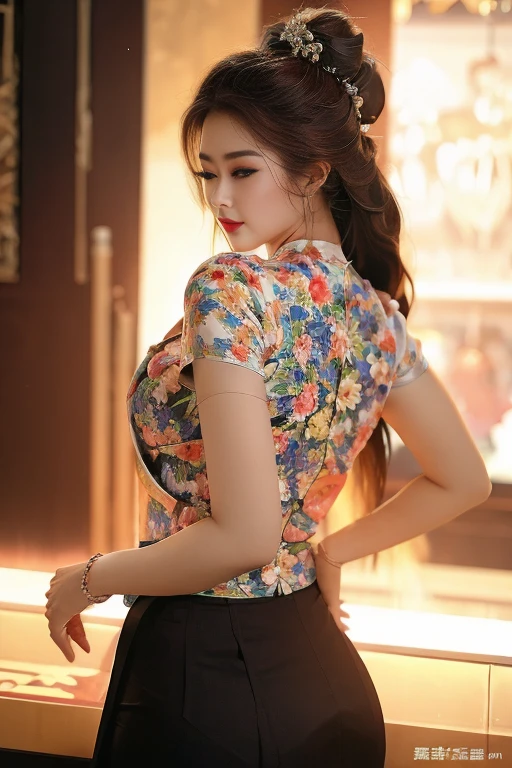 ulzzang-6500-v1.1,(Raw photo:1.2), (Photorealistic:1.4), (Beautiful detailed super beautiful single woman), ((Slender model, 28 years old)), Very detailed eyes and face, Beautiful detailed eyes, disheveled long brown hair, Ultra detailed, High resolution, Very detailed, Best quality, Masterpiece, ((Navy short silk navel cheongsam)), ( (Detailed areola clearly visible)),(((Sagging details big))),((Show off the crotch in detail)),Illustration, CG, Unity, 8k wallpaper, fantastic, fine details, face light, movie lighting, (half), (wearing ultra-high leg panties in detail)),((no panty, no bra))) ((dynamic pose)), official clothes