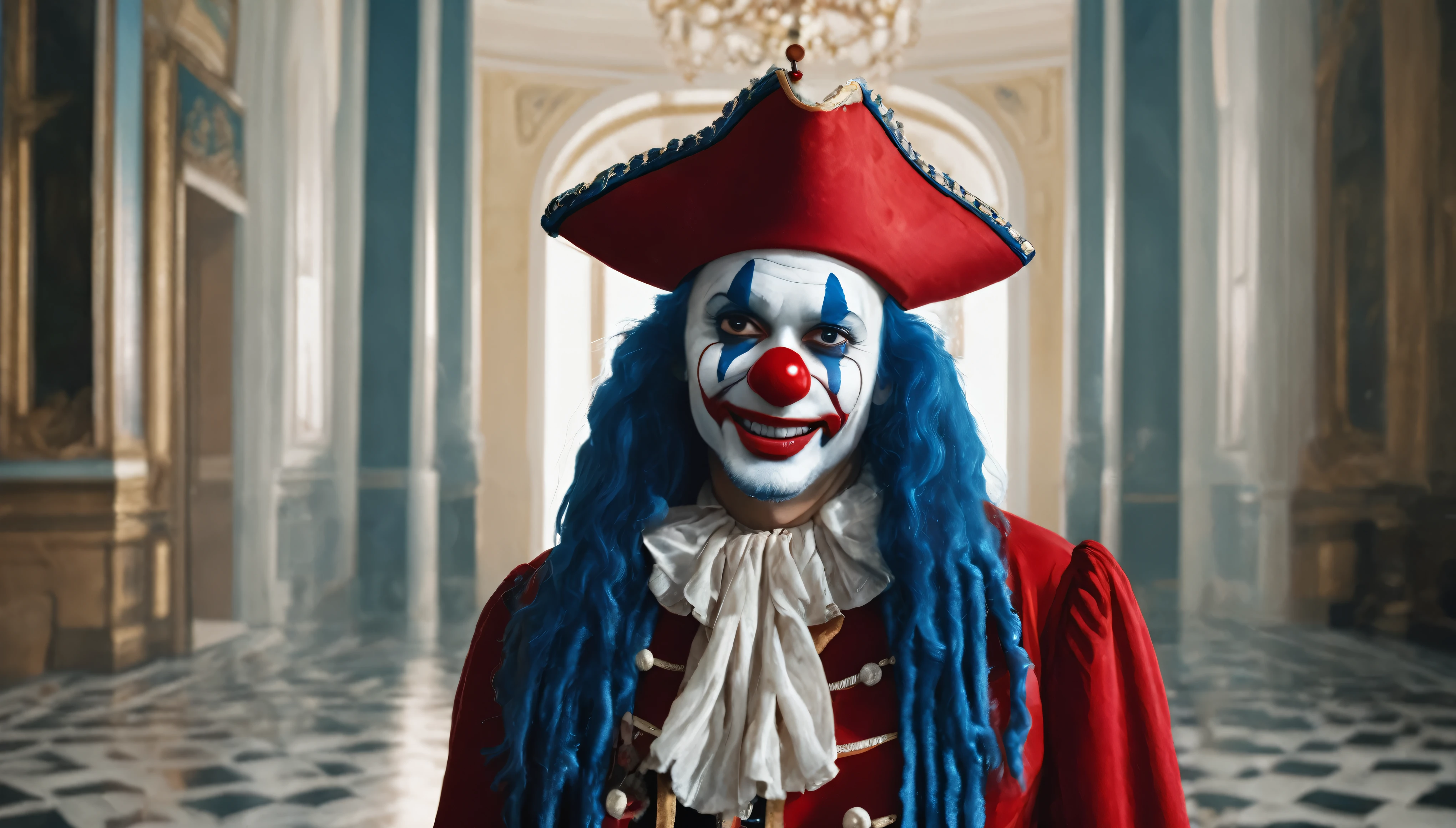 masterpiece, best quality, extremely detailed, hyperrealistic, photorealistic, a cool 40s man, ultra detailed face, clown makeup, red pirate hat, white skin, red nose, blue long hair, royal palace:1.2, room, standing, wide shot, walking:1.2, smiling