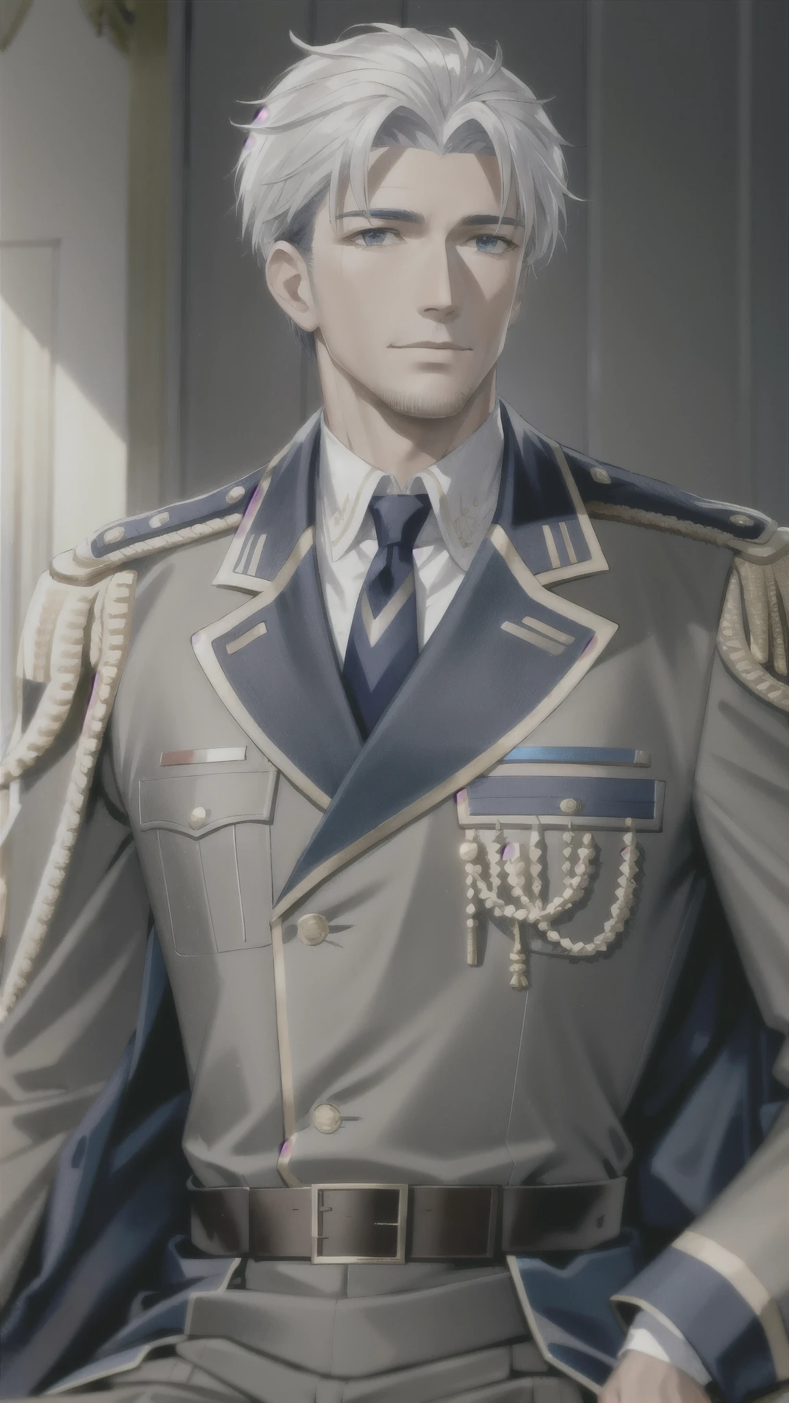 Hector Fay, Ultra high quality cg, 1 man,Solitary, White hair，Handsome face，Looking at the audience,  Upper body, Male focus, tie，shirt， military uniform，Facial features