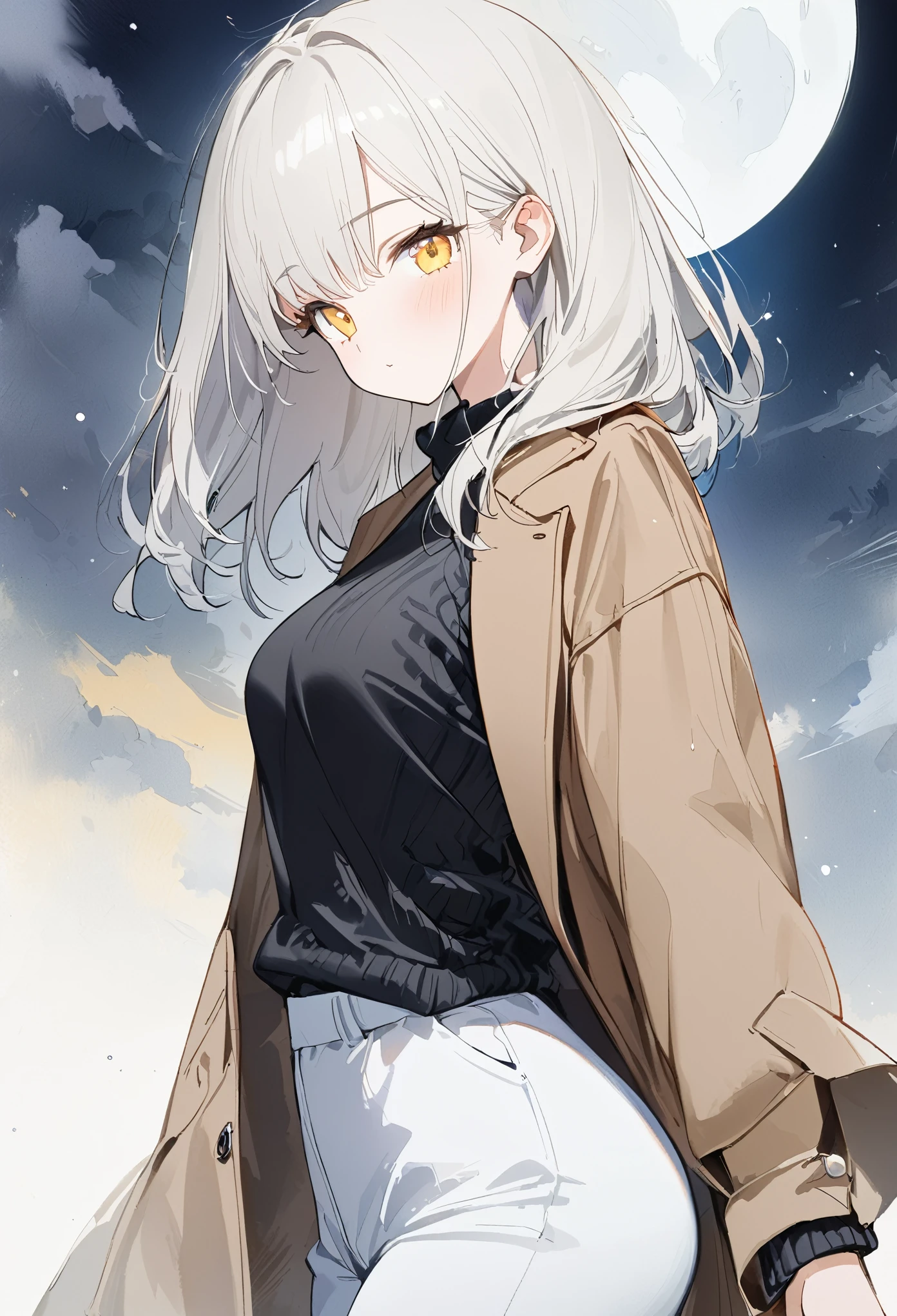 1 girl, black sweater,brown coat,white slacks,white hair,medium hair, straight hair,from side, looking viewer, cowboy shot, yellow eyes,{happy}, midnight, moon, black tone,masterpiece,best quality, ultra detail, beautiful eyes,perfect hand,
