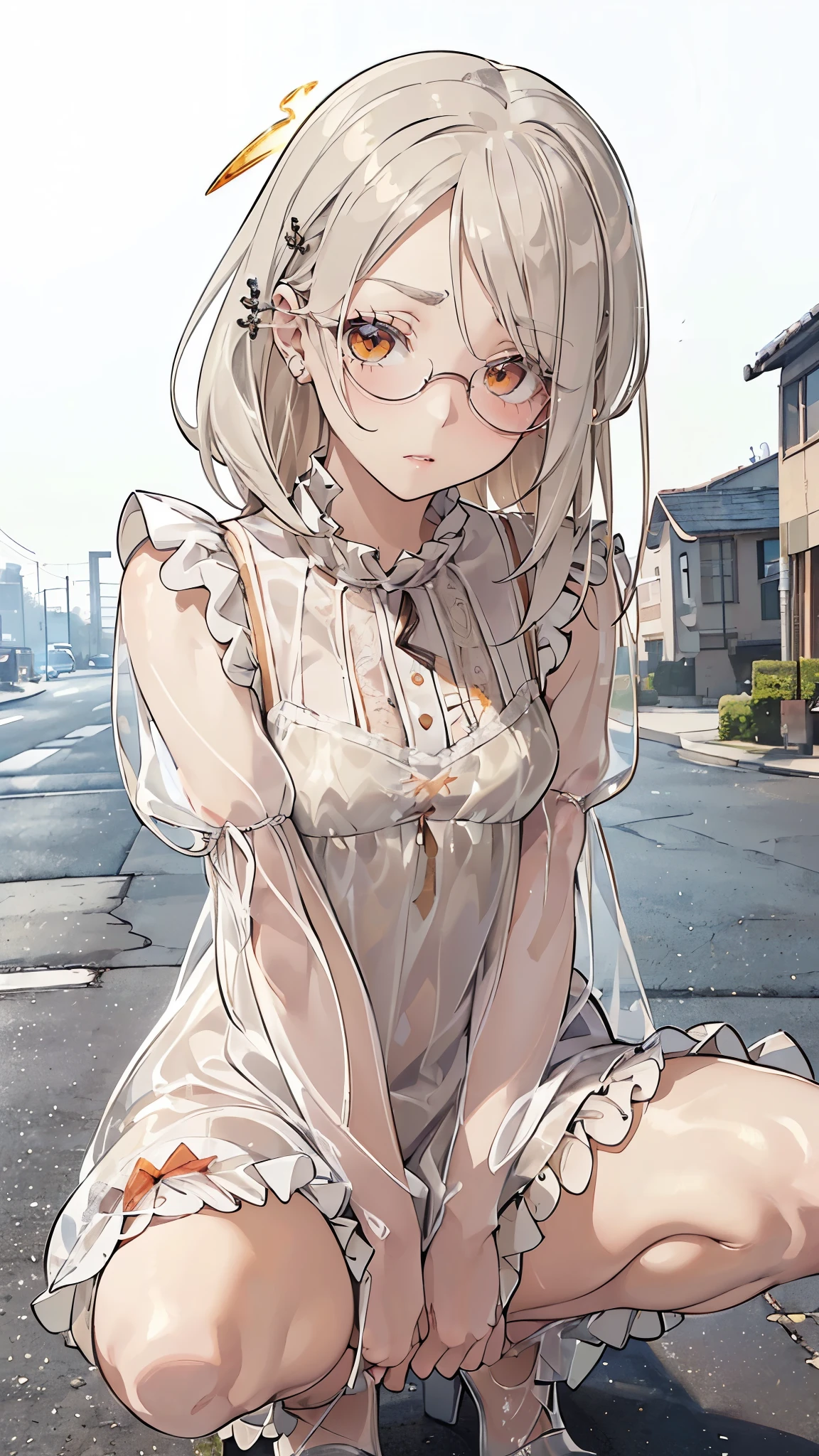 a girl (long blonde hair, big yellow eyes with pink glasses, blushing), wearing a white transparent dress with pink underwear, sitting alone, looking at the camera, in a room, {{{detailed room}}}, {{{masterpiece}}}, {{{best pose}}}, {{{anime style}}}, {{{full hd images}}}