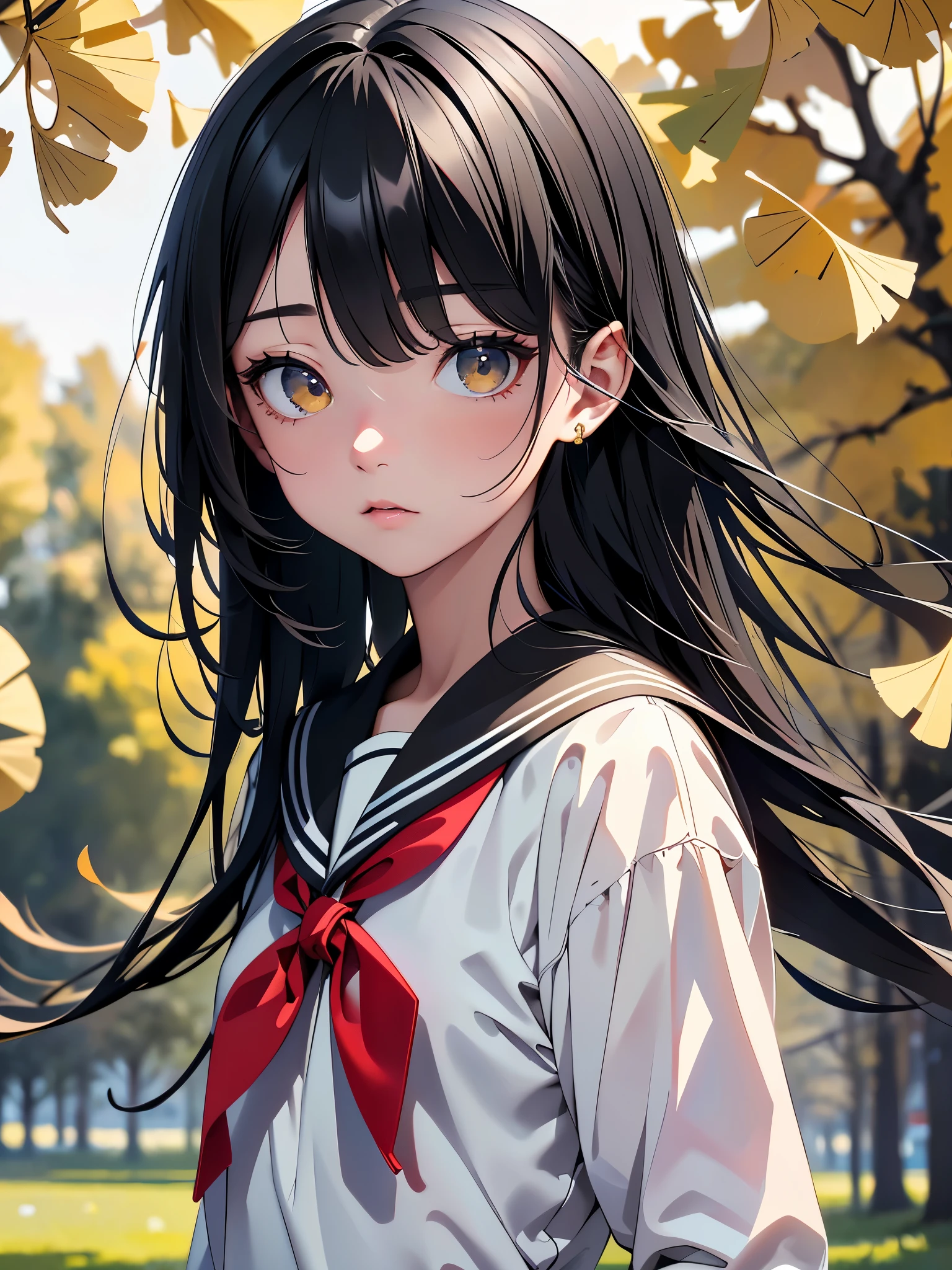 ((ultra high res)), ((masterpiece)), (highly detailed eyes and hair), One beautiful High school girl, (wears sailor suit:1.3), ((long black hair:1.4)), (bangs style is M bang), (narrow and sharp eyes:1.5), (eye color is red:1.3), (Ginkgo trees in the background:1.3), fantastic light production, best quality, photo-realistic, 8k, photon mapping, radiosity, physically-based rendering, automatic white balance, technological sense, illustration, CG, unity ,wallpaper, official art, Amazing, finely detail, an extremely delicate and beautiful, extremely detailed, highly detailed, sharp focus