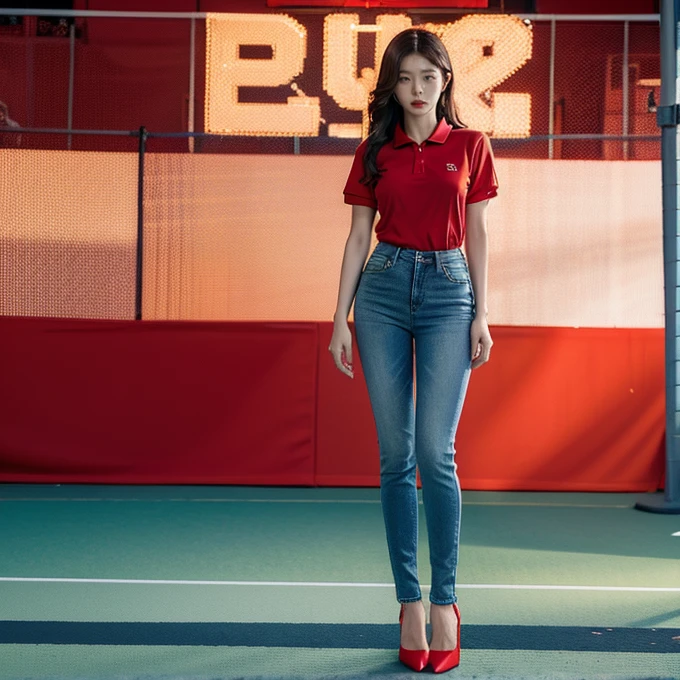 Hot Korean woman wearing red tennis polo, blue skinny tight jeans, and red high heels. Full body from head to toe. Standing in a full height from head to toe. 8k HD resolution best quality.