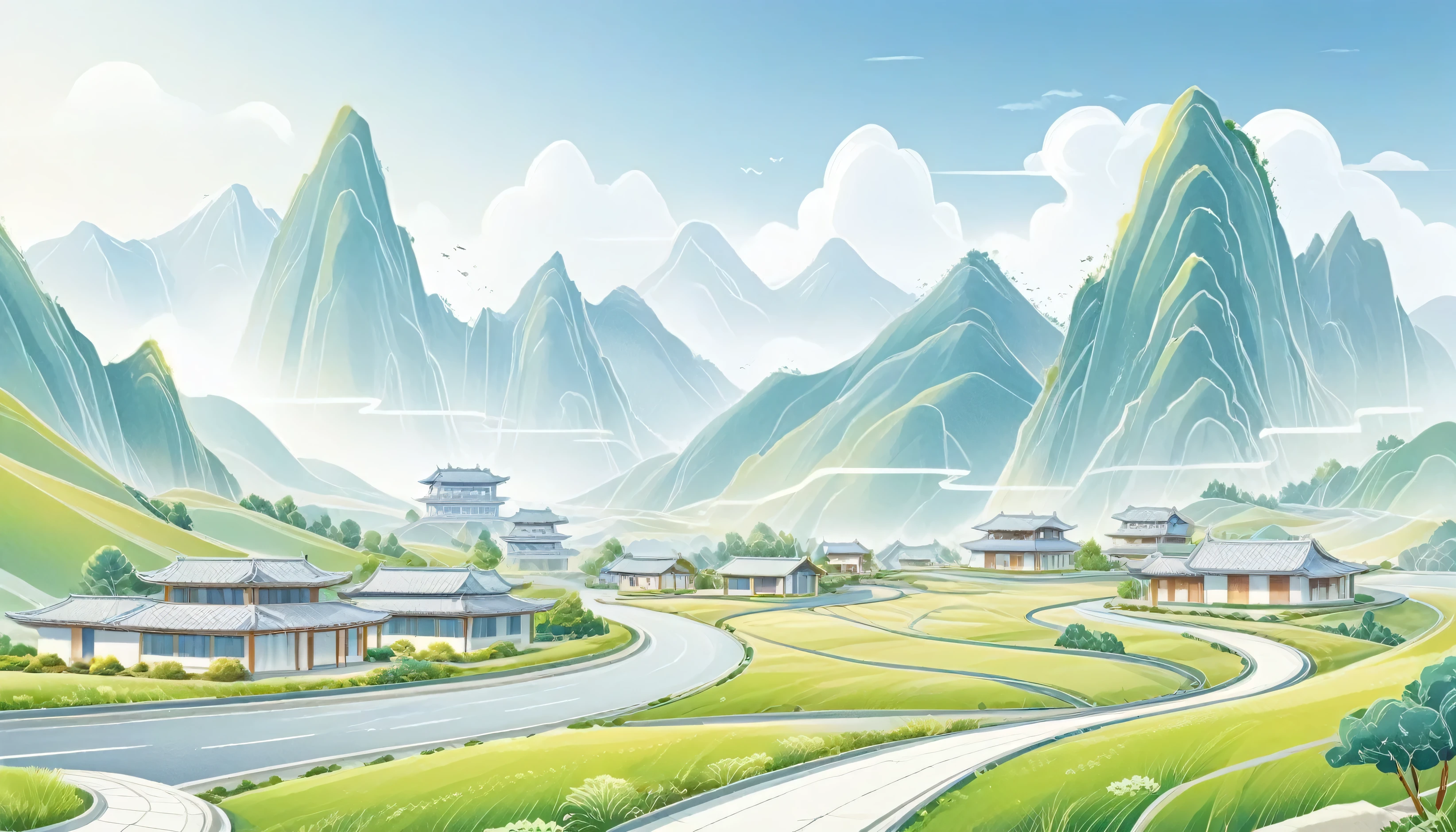 Modern buildings were built on the flat land between the mountains.，Clean roads，Mainly line illustrations，Simplicity