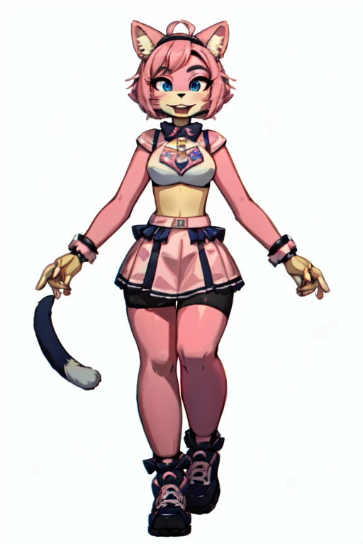 ((1Girl)) ((Mexican girl)) ((Rave clothes)) 

She has brown skin, with soft brown eyes, her hair is blonde, it is long and curly, she wears a pink beanie, her style is that of a rave girl, she wears a pink and white crop top, with a pink mini skirt, she wears pink furry rave boots, with pink ripped stockings as her socks, she has a collar on her neck, and a necklace that says babygirl, she has her tongue split and pierced on both sides, as well as having her dimples pierced, she has a tattoo on her neck that says grab here. 