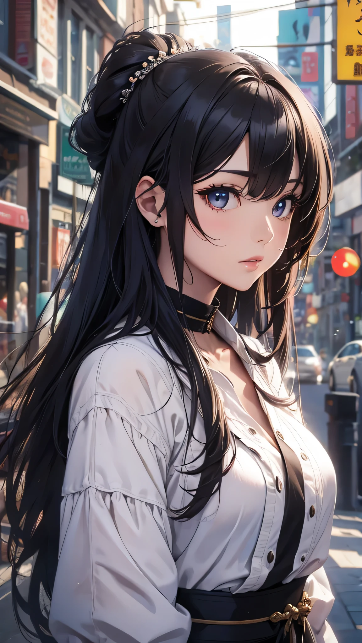 Masterpiece、High resolution、Detailed expression、(Huge beauty:1.3)、Natural Fingers、Black Hair、18 meters tall、Married Woman、apron、Troubled face、Comparison with high-rise buildings、Crowd of small people