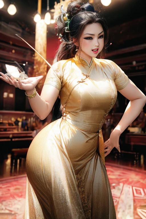 realisticlying, A high resolution, 1 rapariga, yellow 💛 💜 color hair, korean people, eBlue eyes, The transparent cheongsam is flying，Sheer tight-fitting garments，Beads of sweat dripped down the buttocks，Large chest，Wide buttock， your ass，Butt visible，Visible on the back，buttocks visible，Ass pouted，wide wide shot，Cinema lenses，The skin glows，space ship，Show background naturally။။