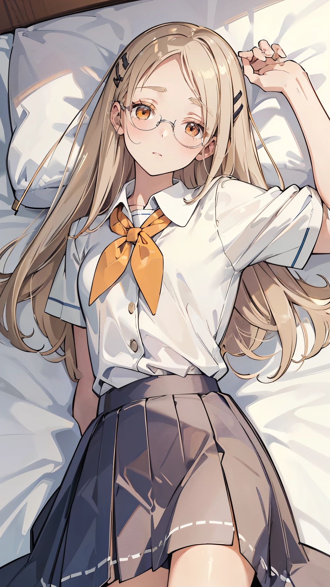 masterpiece, ultra detailed, 8k portrait, RAW photo, portrait photography, Highly detailed face, beautiful and meticulous eyes, (amber color eyes:1.5), (Glasses:1.2), (blush:1.5), (tilt one's head:1.5), (lie down on bed:1.5), outdoor, half sleeves shirt, (blue school uniform:1.7), cute girl, (platinum blond hair:1.5), (platinum blond colored eyelash:1.5), (medium hair:1.0), (parted bangs:1.5), (hairpin1.5), (sleepy face:1.0), young girl, 1girl, beauty girl, pretty girl, 159cm, 41kg, (skinny:1.5),