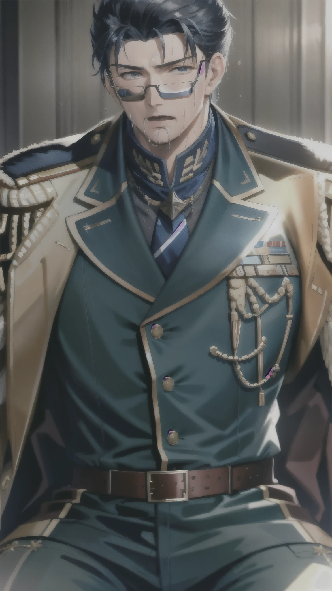 Hector Fay, Ultra high quality cg, Solitary, Looking at the audience, Open your mouth, Sweating, Wet, Drooling, Gloves, 1 man, Upper body, Male focus, tie,shirt, military uniform