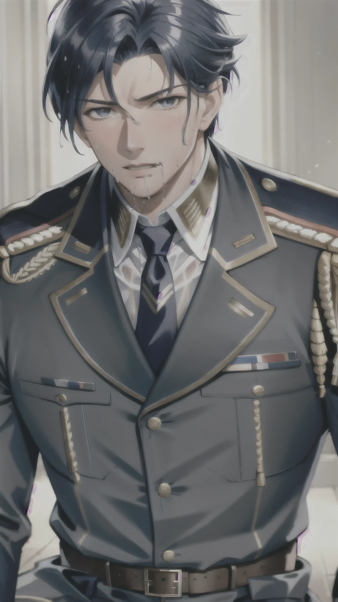 Hector Fay, Ultra high quality cg, Solitary, Looking at the audience, Open your mouth, Sweating, Wet, Drooling, Gloves, 1 man, Upper body, Male focus, tie,shirt, military uniform