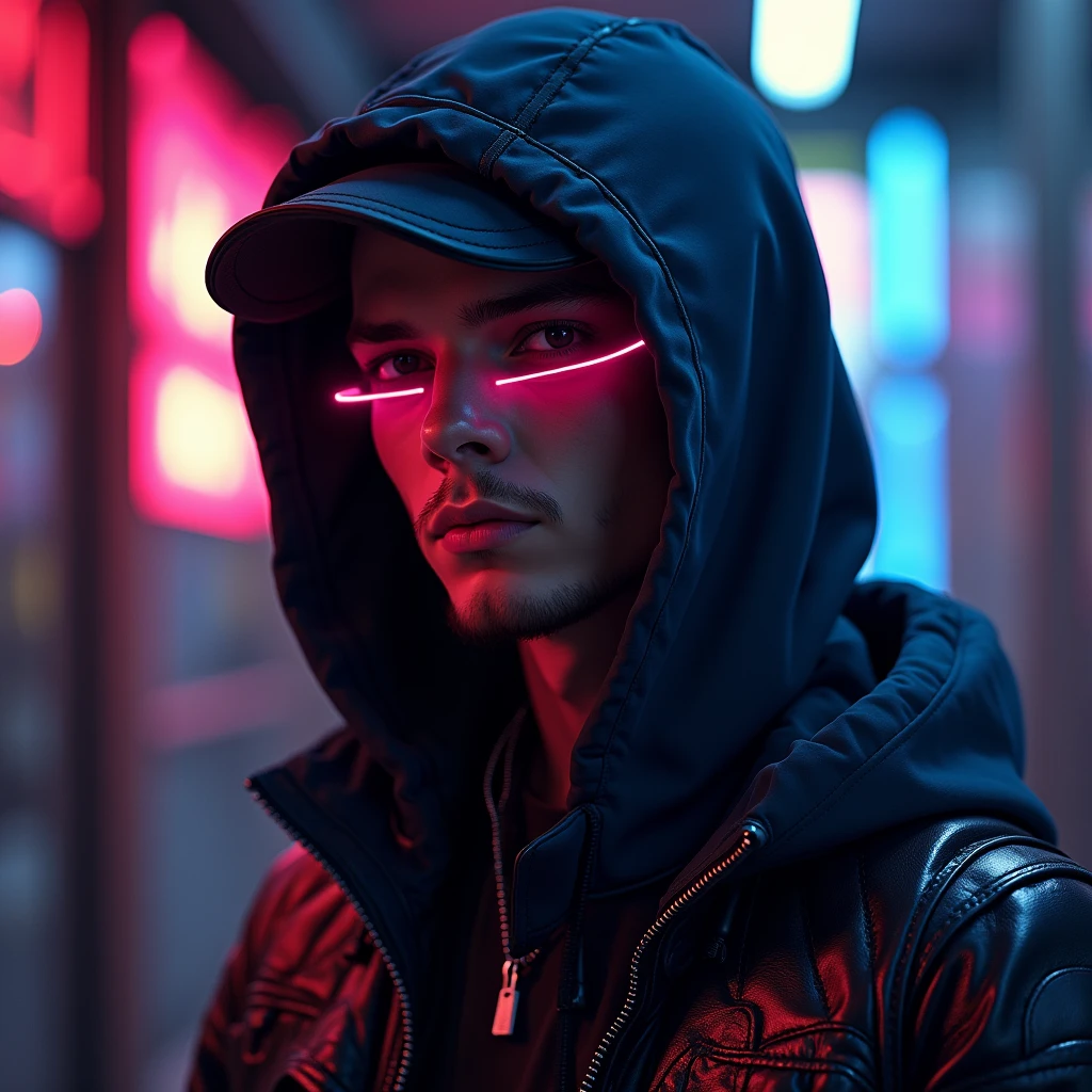 cyberpunk Man With ninja outfit, mohawk hair, anarchy mask, neon headphones and a sample abdomen with a semi-hidden tattoo, Nightclub background