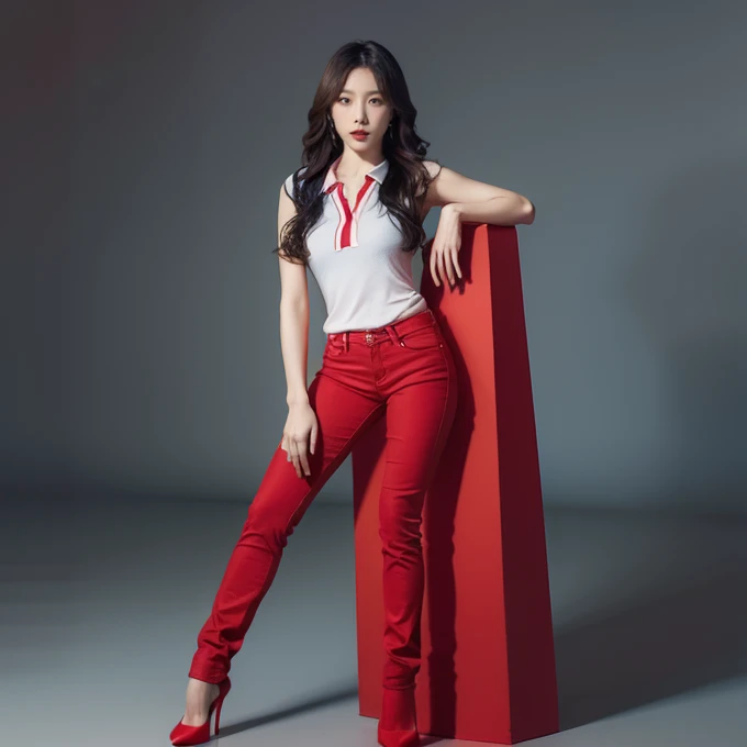 Hot Korean woman wearing red tennis polo, blue skinny tight jeans, and red high heels. Full body from head to toe. Standing in a full height from head to toe. 8k HD resolution best quality.