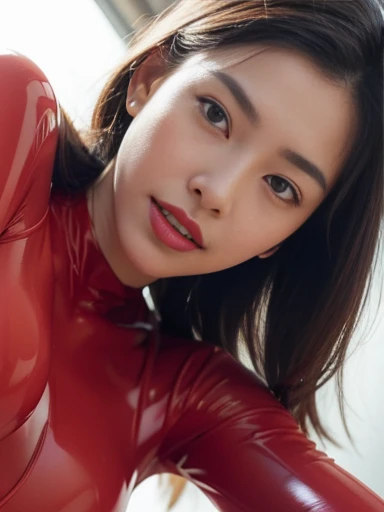 lying women in bed、Erotic face、((top-quality))、Crisp focus:1.2、Beautiful woman with perfect body shape:1.4、((Colossal tits))、Eyes closed、The sheen、globe、Shorthair,(The sheen、Red latex suit)、Red Lipstick、Open mouth、(Drooling 1.8)、Open your crotch