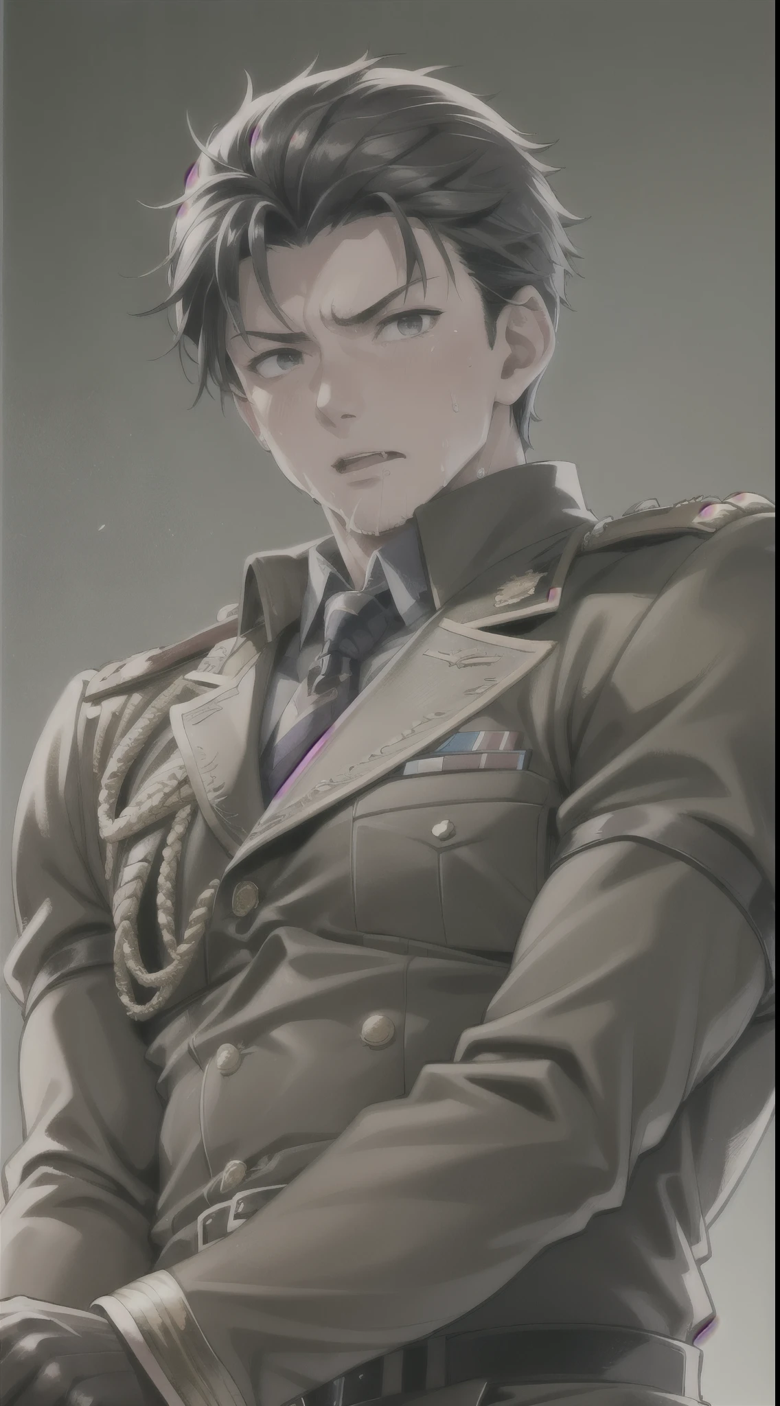 Hector Fay, Ultra high quality cg, solitary, Looking at the audience, Open your mouth, Sweating, Wet, Drooling, Gloves, 1 man, Upper body, Male focus, tie，shirt， military uniform
