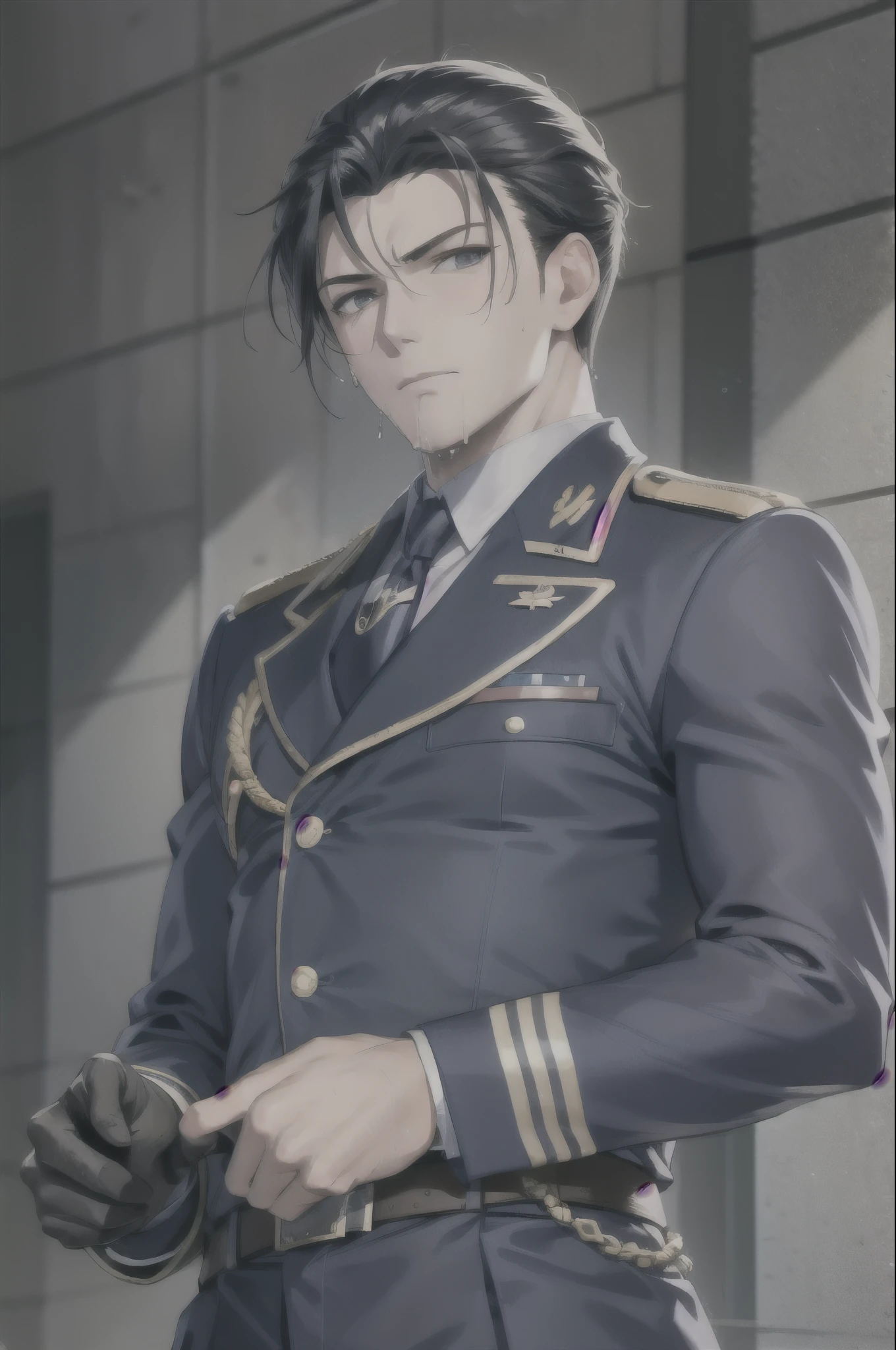 Hector Fay, Ultra high quality cg, Solitary, Looking at the audience, Open your mouth, Sweating, Wet, Drooling, Gloves, 1 man, Upper body, Male focus, tie，shirt， military uniform