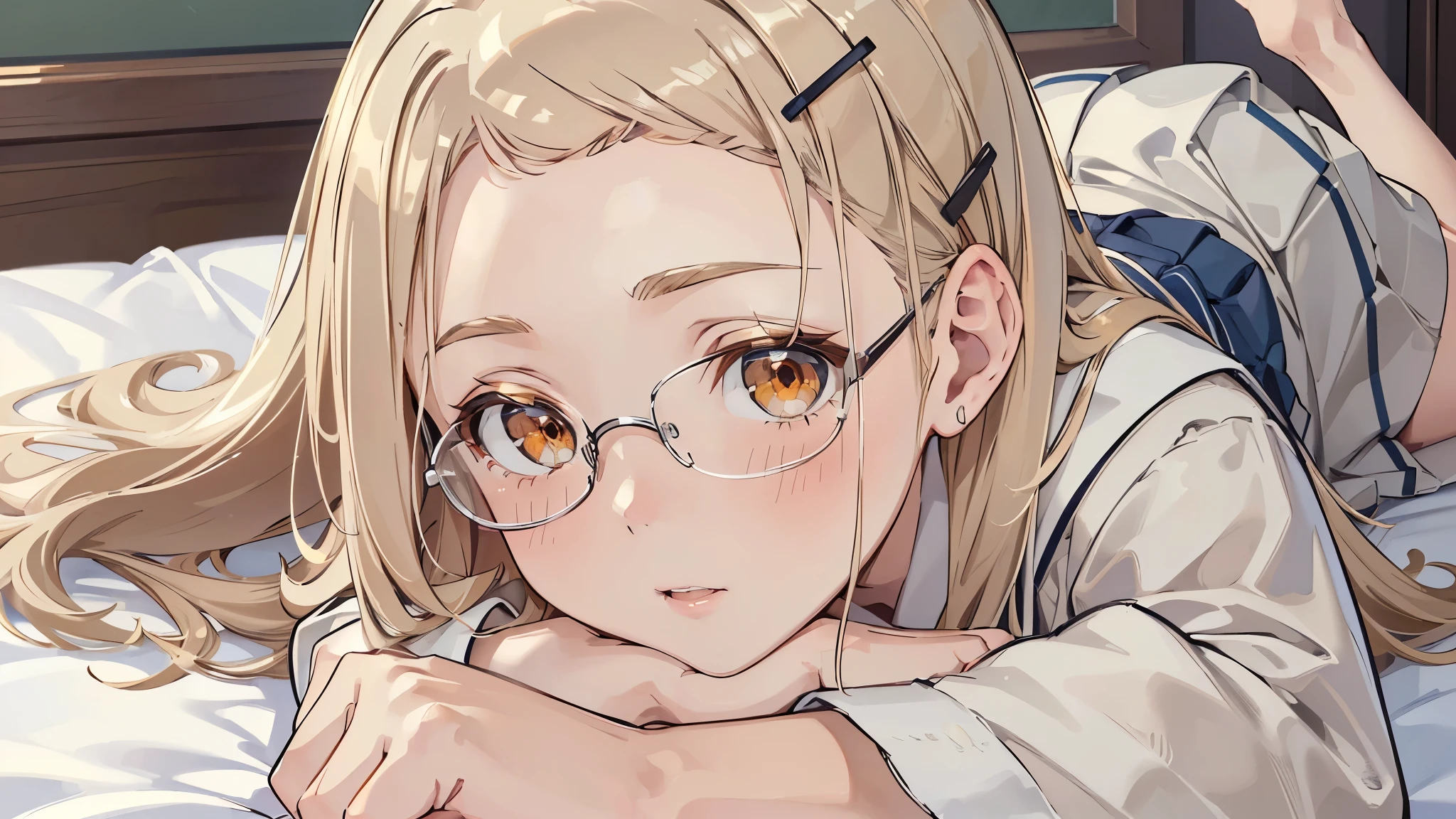 masterpiece, ultra detailed, 8k portrait, RAW photo, portrait photography, Highly detailed face, beautiful and meticulous eyes, (amber color eyes:1.5), (Glasses:1.2), (blush:1.5), (tilt one's head:1.5), (lie down on bed:1.5), outdoor, half sleeves shirt, (blue school uniform:1.7), cute girl, (platinum blond hair:1.5), (platinum blond colored eyelash:1.5), (medium hair:1.0), (parted bangs:1.5), (hairpin1.5), (sleepy face:1.0), young girl, 1girl, beauty girl, pretty girl, 159cm, 41kg, (skinny:1.5),