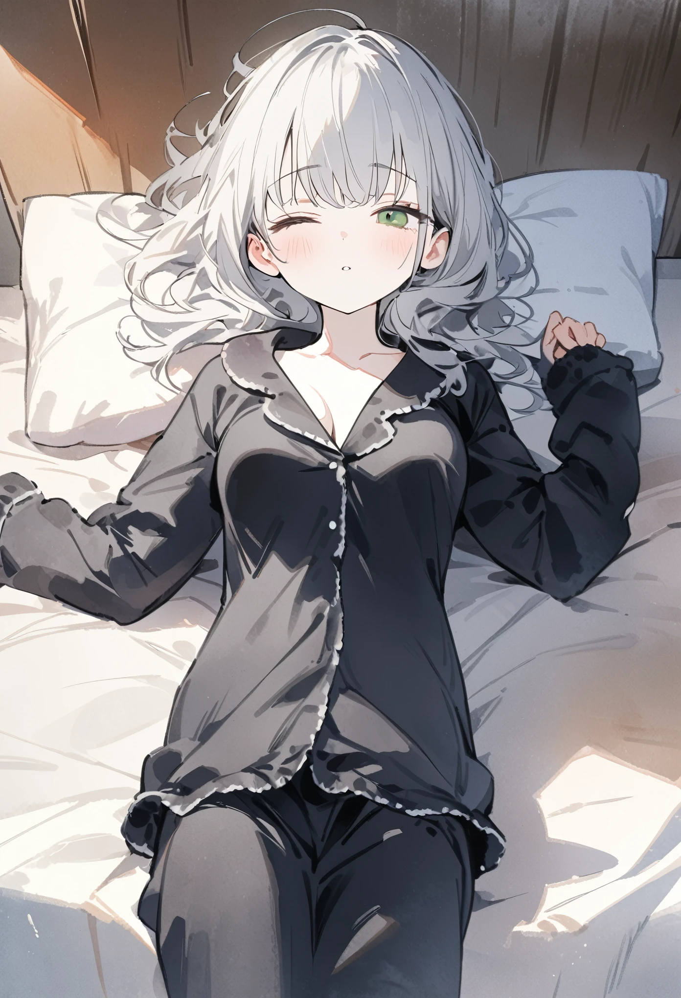 a girl with short grey hair,albino with green eyes, wearing snuggly pajama, black pajama,(sleepy),narrow eyes,on the bad,medium breasts,warm color, bed right,,pale skin tone, watercolor style, (best quality,4K,8k , highres,masterpiece:1.2),ultra-detailed,