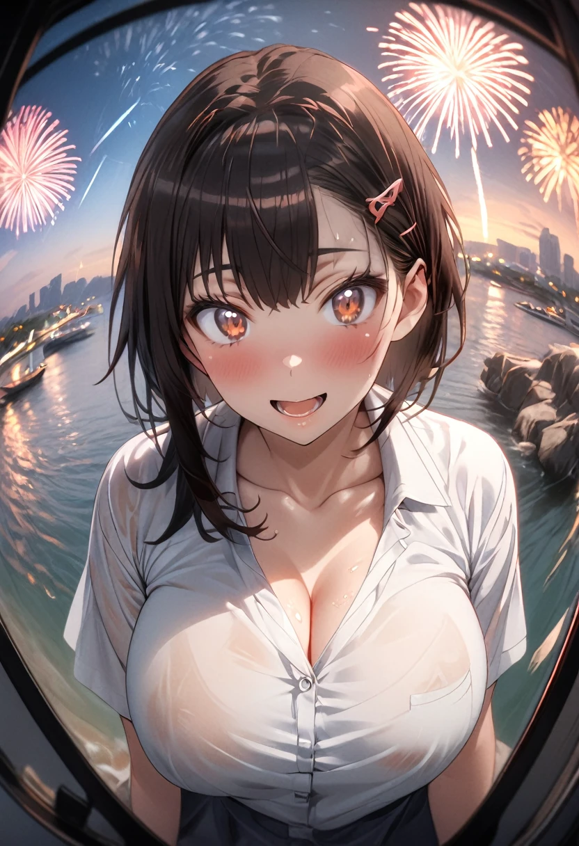 One Girl、(white shirt)、One Curl Bob Cut, Highest quality、Black Hair、Sweaty body、Big Breasts、Surprised、hairpin、(View from below)、expose one's cleavage、(Show your forehead)、(Fisheye lens effect:1.3)、(Girls pop out of the screen:1.5)、(fireworks display)、(meteor shower)、(pass through the screen:1.3)、sea、forward inclination