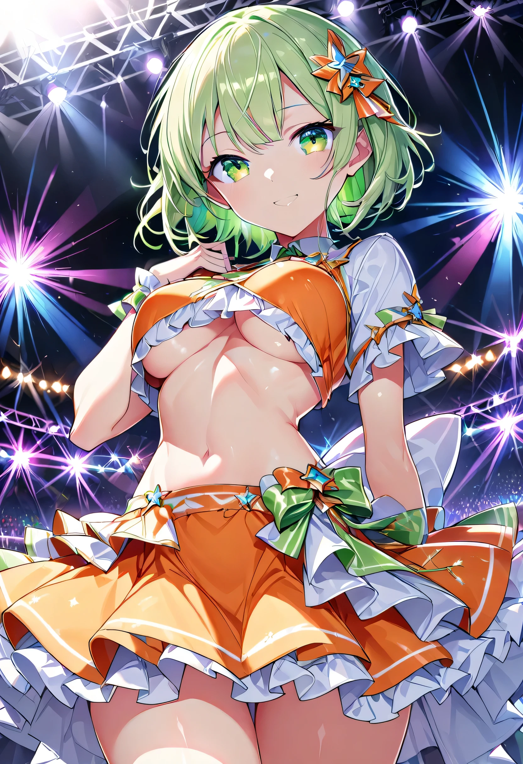 ((Best Quality)), ((masterpiece)), (detailed), Perfect Face, Idol, Shining Stage, Stage Set,null,Stage Lighting,Colorful lighting, A woman wearing an idol costume,, detailed face, Long eyelashes, Beautiful Eyes, Feminine curves,
1 person、whole body、Cheerful face、smile、Young Girl、Shiny green hair、Short Hair、hime cut、Beautiful green eyes、Eye highlights、High-end idol costume、Light orange top、Light orange mini skirt、Frilled Skirt、The theme color of the costume is orange.、White knee-high socks、Belly button、Medium sized breasts、Captivating breasts、underboob、Narrow waist、Thin legs、Cross your arms behind your back、Looking at the camera、Well good、smile、Looking at the camera、