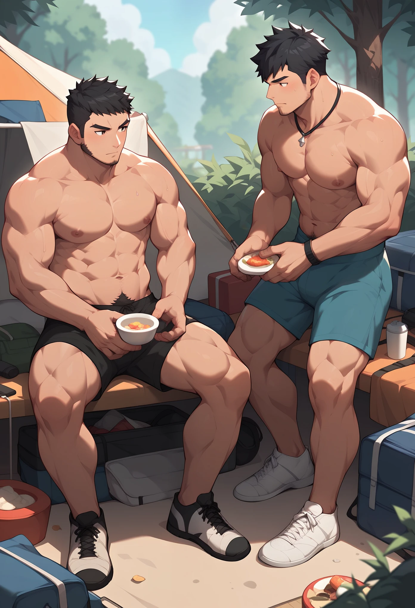 Japanese man, two men, camping, making curry, short hair, black hair, slightly hairy, muscular, shorts, curry pot