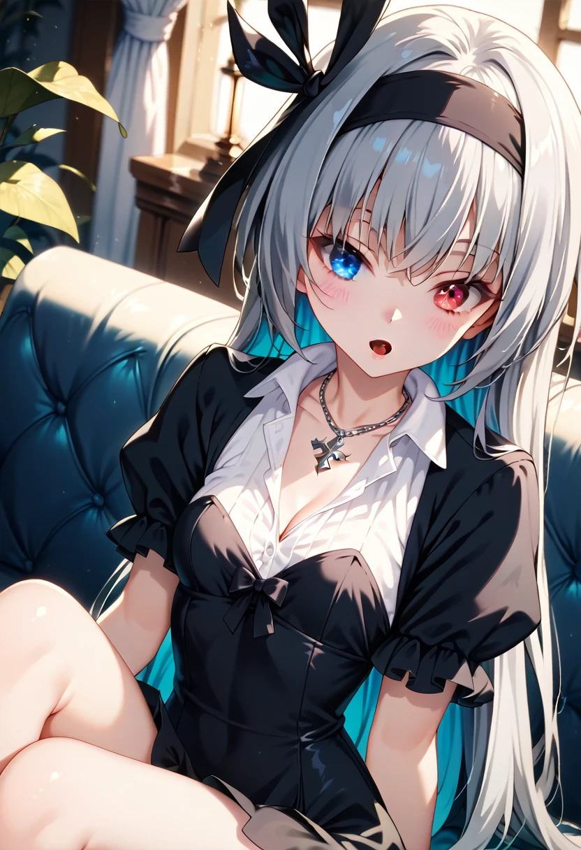 score_9, score_8_up, score_7_up, score_6_up, score_5_up, score_4_up, (clothed), a beautiful girl, (gray hair), (long straight hair), (heterochromia), vibrant blue eye,vibrant red eye, flushed face, (open mouth a little), triangular mouth, (skinny), small breasts, ((black dress)), white shirt, puffy short sleeves, cross necklace, black headband, (sit on the sofa with one's legs crossed), Luminous Valentine 