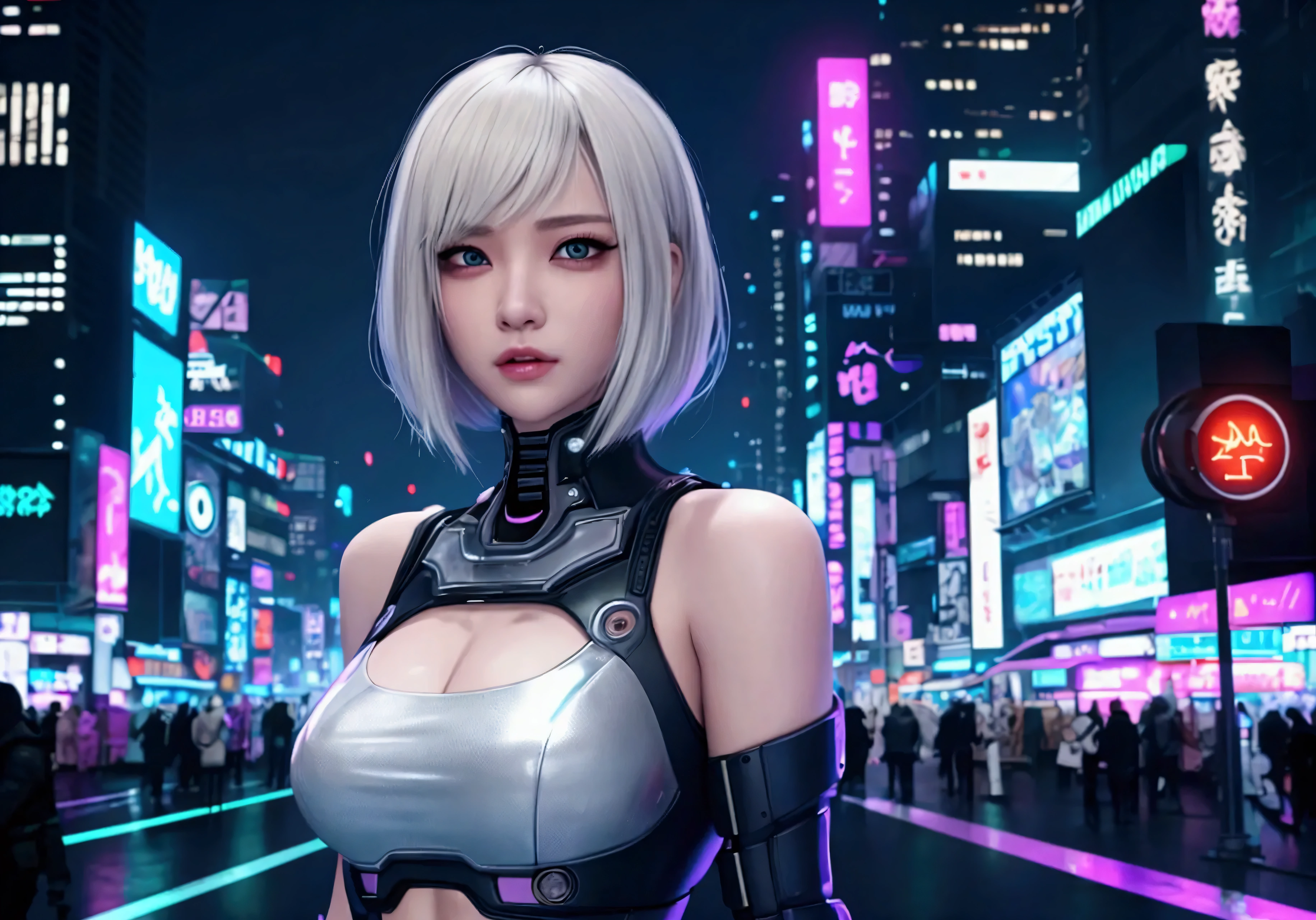 (RAW Photos: 1.2), (Photorealistic: 1.4), (Masterpieces: 1.3), (Best Quality: 1.4), Ultra High Resolution, (Detailed Eyes), (Detailed Facial Features), (Detailed Clothing Features), HDR, 8k Resolution, Solo Focus, Bangs, Skin Tightness, (Shiny Skin), (Slender Girl), Dreamy, (Extreme Detail), Commentary Confirmation, Commentary Request, Landscape, no text, virtual girl-aim, medium-breasted, straight-haired, long-haired, gray-haired, purple eyes,glowing eyes,1 girl, upper body, cyberpunk suit, mech suit, cleavage is visible skin, fine LED lamps, detailed neon, dense parts, cables connected to the spine, hydraulic cylinder, big,
