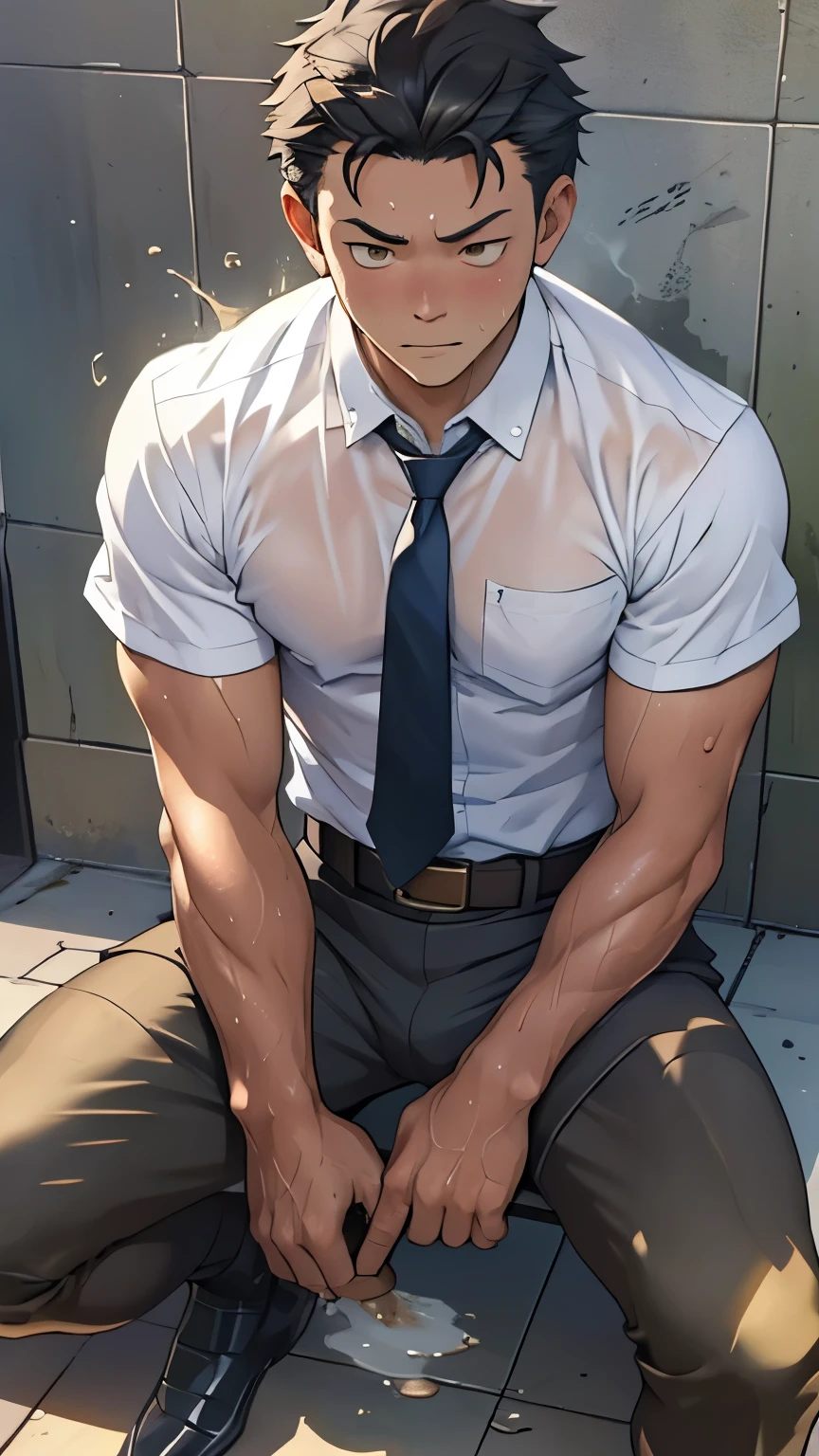 （1 adult male），high resolution， Clear focus， Pixiv Masterpiece， （（Intricate details））， Very detailed， Natsuki_Subaru， 1 man，Perfect male body，Urine on pants， Lower your head nervously，Very shy，Awkward，excited，Very shocked，Panic，Worry，A pool of urine formed around him，非常渴望Urinating，Unbearable，Pee yourself，Urine discharge，Full Body Love，Sitting astride，tired，decadent， Golden Eyes（Eyes glow）， Short hair，White shirt，Wear a tie，Wear a belt，裤子Get wet，Sweating，Soaked，Get wet，Urinating，Urine running down pants，Looking from the bottom up