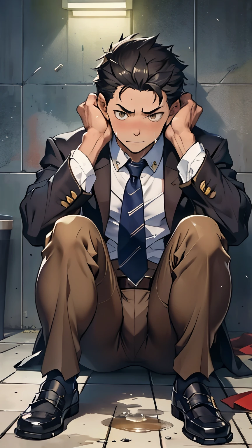 （1 adult male），high resolution， Clear focus， Pixiv Masterpiece， （（Intricate details））， Very detailed， Natsuki_Subaru， 1 man，Perfect male body，Urine on pants， Lower your head nervously，Very shy，Awkward，excited，Very shocked，Panic，Worry，A pool of urine formed around him，非常渴望Urinating，Unbearable，Pee yourself，Urine discharge，Full Body Love，Sitting astride，tired，decadent， Golden Eyes（Eyes glow）， Short hair，White shirt，Wear a tie，Wear a belt，裤子Get wet，Sweating，Soaked，Get wet，Urinating，Urine running down pants，Looking from the bottom up