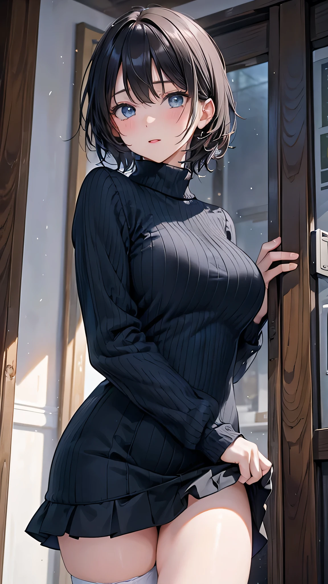 (1 person、solo), Beautiful woman, (Anatomically perfect body), Slender、(Tight-fitting turtleneck sweater, detailed panty), (On the bed), (fetal style:1.2), (Pussy juice:1.1), 18-year-old、(looking away)、(Highest quality)、Detailed beautiful eyes、Black Hair, short hair, bedroom、(8k, High resolution)、(shy:1.3)、Mid-chest, (steam:1.1), erect nipples、(embarrassed:1.4)