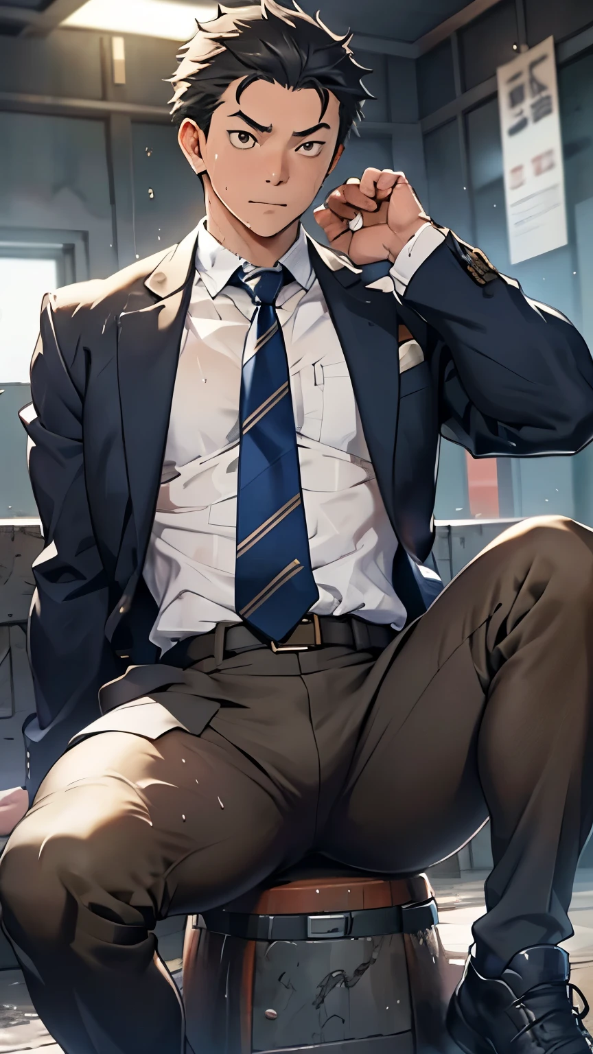 （1 adult male），high resolution， Clear focus， Pixiv Masterpiece， （（Intricate details））， Very detailed， Natsuki_Subaru， 1 man，Perfect male body，Urine on pants， Lower your head nervously，Very shy，Awkward，excited，Very shocked，Panic，Worry，A pool of urine formed around him，非常渴望Urinating，Unbearable，Pee yourself，Urine discharge，Full Body Love，Sitting astride，tired，decadent， Golden Eyes（Eyes glow）， Short hair，White shirt，Wear a tie，Wear a belt，裤子Get wet，Sweating，Soaked，Get wet，Urinating，Urine running down pants，Looking from the bottom up