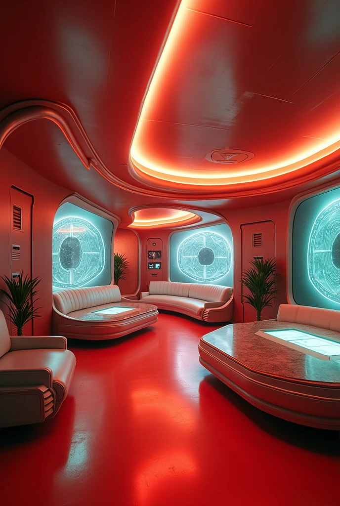 Create a detailed image of an 'Agora Hall' in a retro-futuristic style inspired by the 1950s. The hall should have a large, dome-shaped ceiling with metallic panels that reflect vibrant, neon lights in shades of turquoise, pink, and yellow. The walls should be decorated with geometric patterns and futuristic murals that evoke a sense of optimism and technological progress. The floor should be polished terrazzo with embedded metallic elements that catch the light. Include mid-century modern furniture, such as rounded chairs and tables, in bright, bold colors. Add futuristic consoles and control panels to enhance the theme. The overall scene should blend the sleek, innovative designs of the 1950s with a futuristic twist, creating a space that feels both nostalgic and forward-looking.
